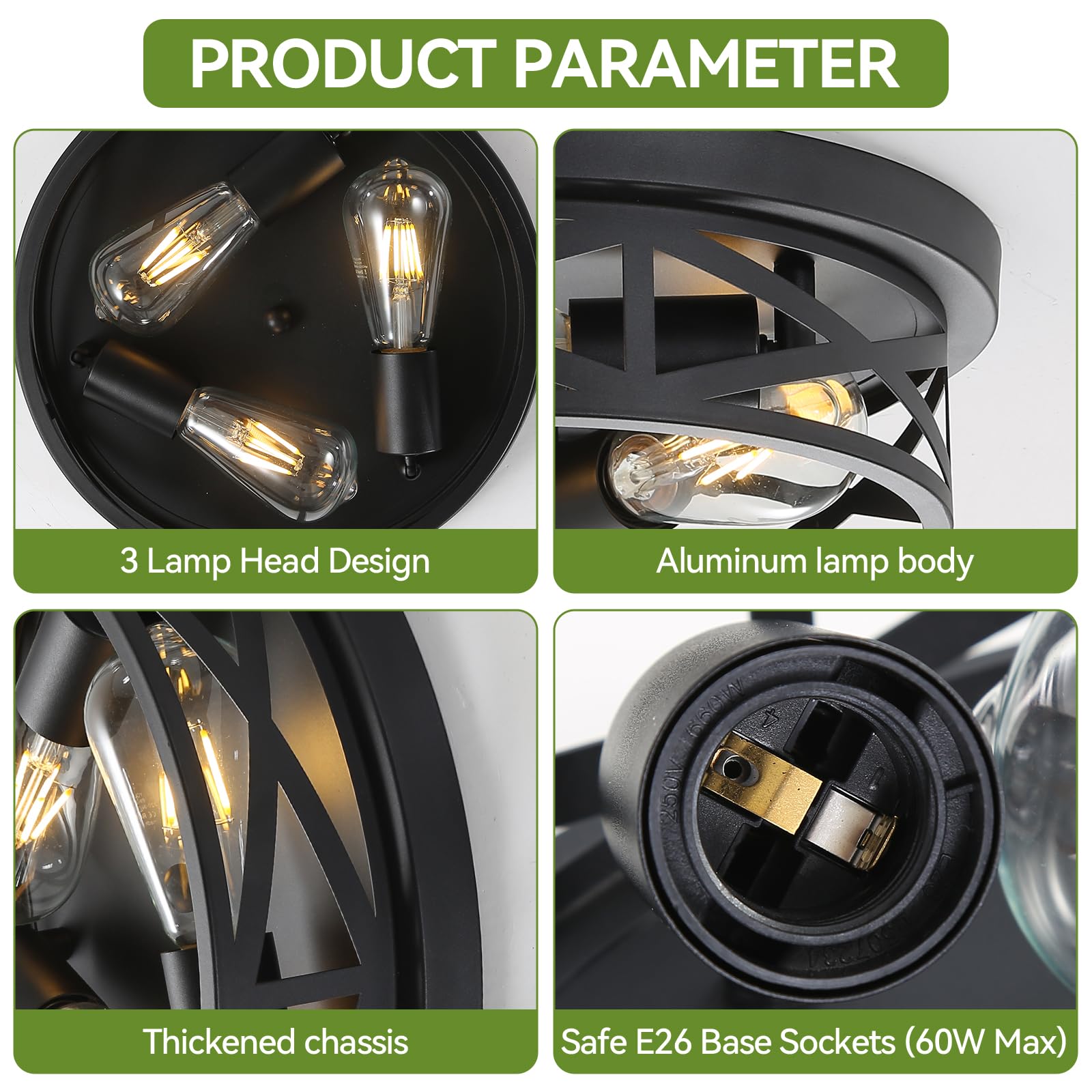 Piano7797 13 Inch Black Flush Mount Ceiling Light Fixtures,3-Light Modern Hallway Light Fixtures Ceiling, Black Light Fixture Ce