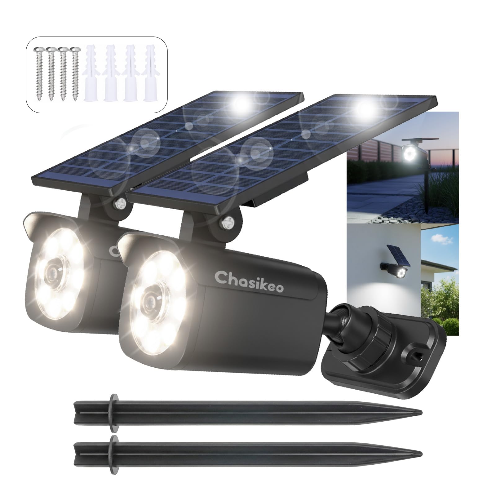 Chasikeo 2 Pack Solar Motion Lights Outdoor, Solar Spotlights with Motion Sensor, IP67 Waterproof Solar Power Security Lights, 3