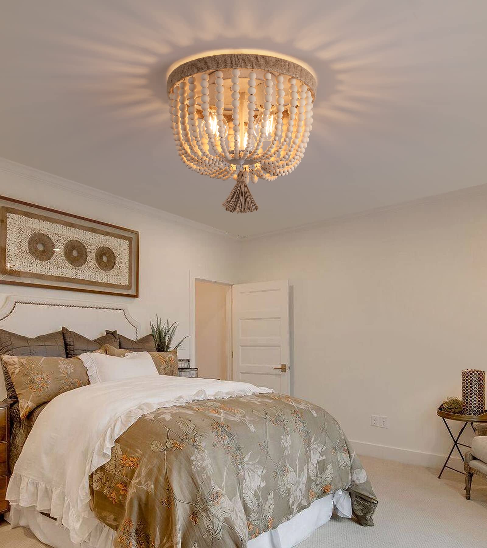 AMZASA Boho Flush Mount Ceiling Light - 3 Lights Hemp Rope Chandelier Fixture for Nursery, Bedroom, Hallway, Entryway - Model AS9017-3B