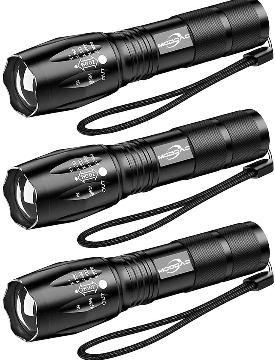Modoao 3 Pack Led Flashlights - Super Bright, Zoomable, 5 Modes, White, Model B07J4Xfm31, Ideal For Camping, Hiking, Dog Walking