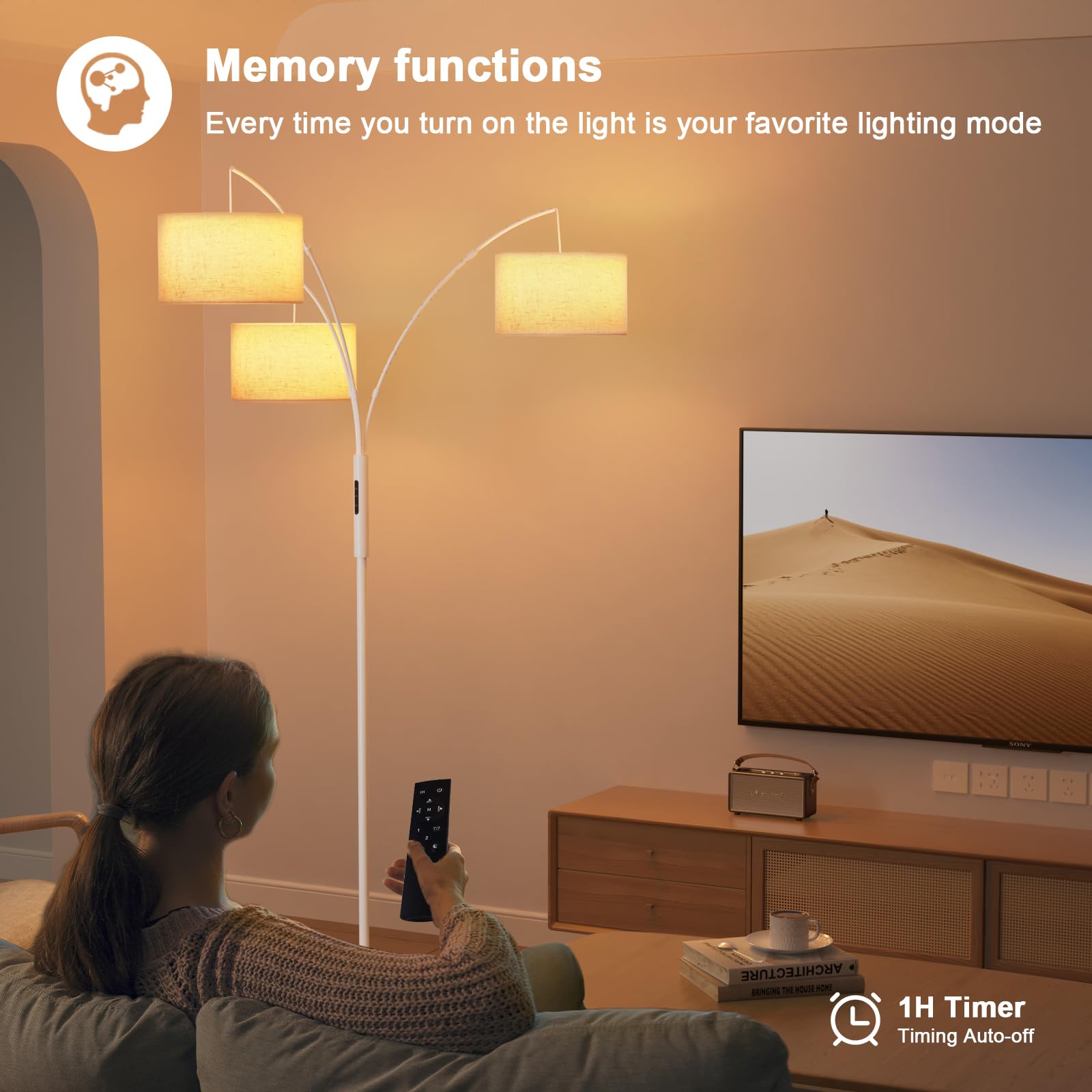 SIBRILLE 36W LED Arc Floor Lamp - 3 White Fabric Shades, Remote Control, Stepless Dimming, Super Bright, Model BP-F030, White-Beige