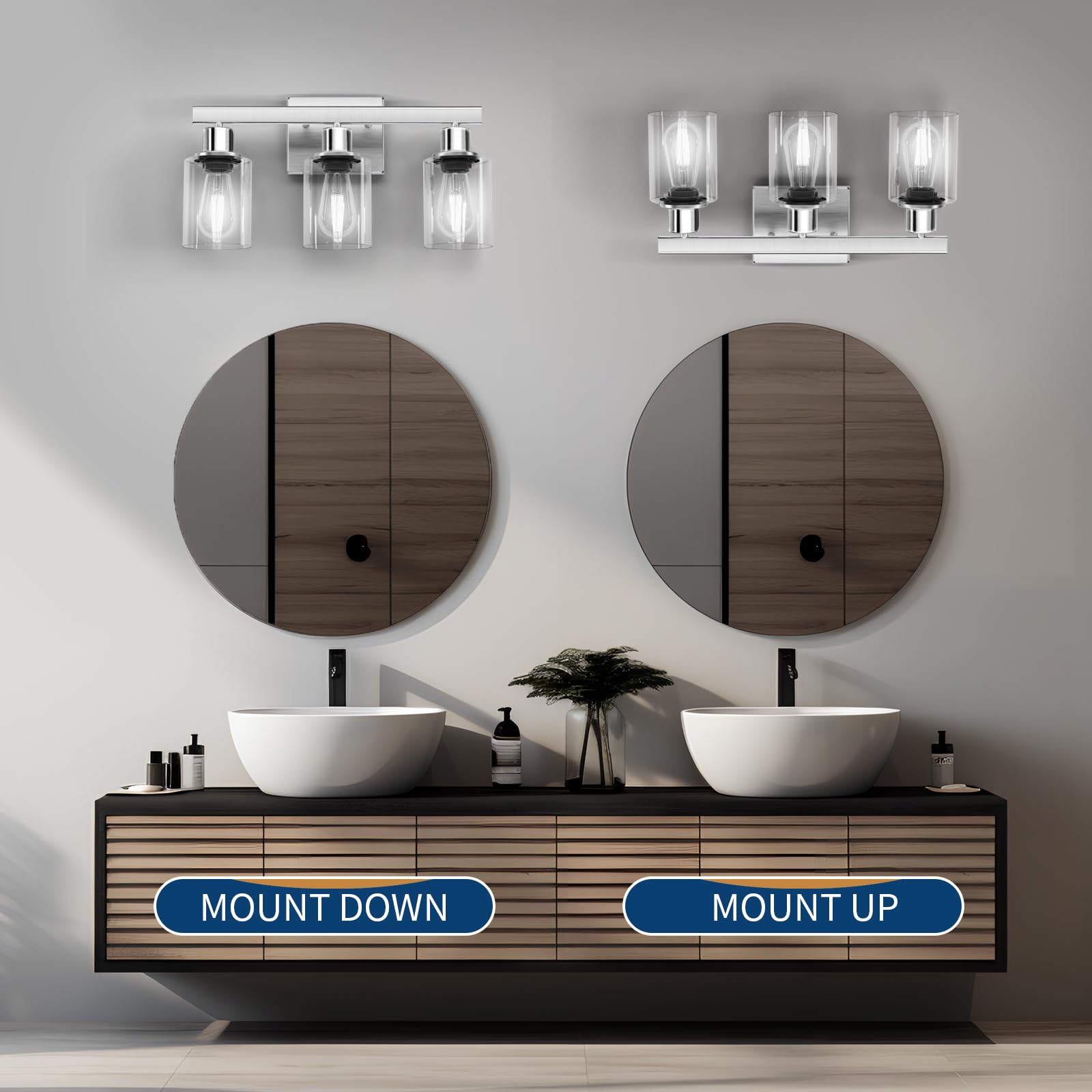 DIKAIDA 3-Light Bathroom Vanity Light Fixture, Nickel Metal with Clear Glass Shades, Model NS-3