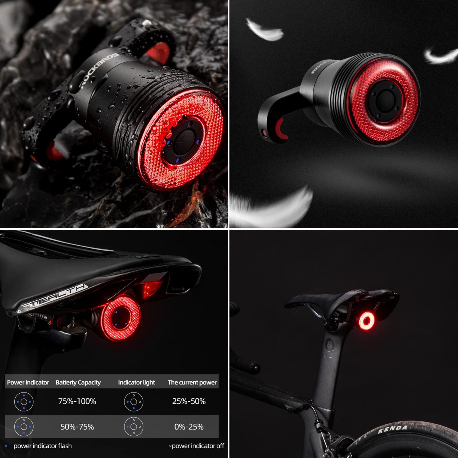 ROCKBROS Smart Bike Tail Light, Ultra Bright LED, IPX6 Waterproof, Brake Sensing, Rechargeable, Model TL907Q50-CBR, Black