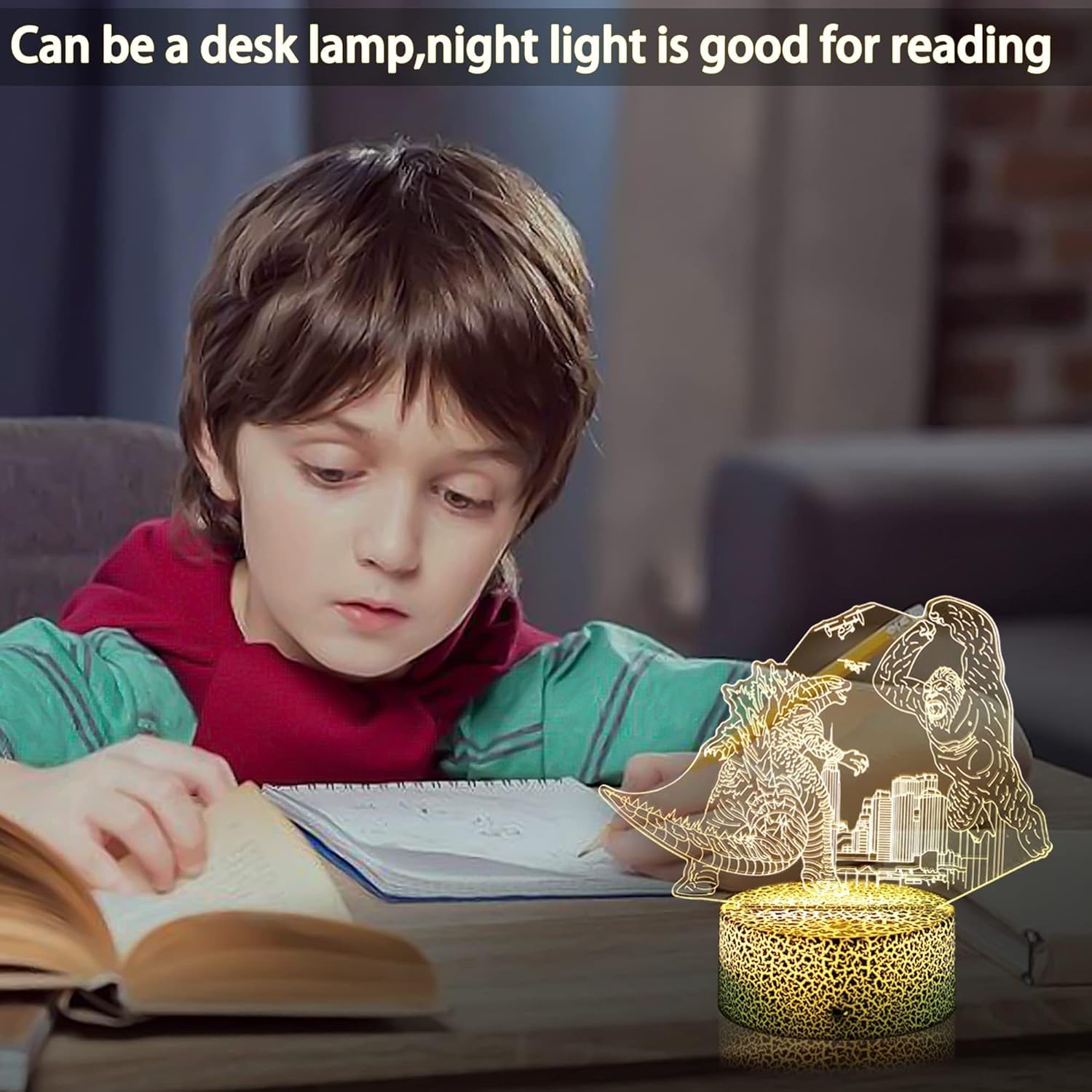 S SUNINESS 3D Godzilla vs King Kong Color-Changing LED Night Light, King of Monsters, Remote Control, Plastic, Perfect for Boys & Girls Gifts