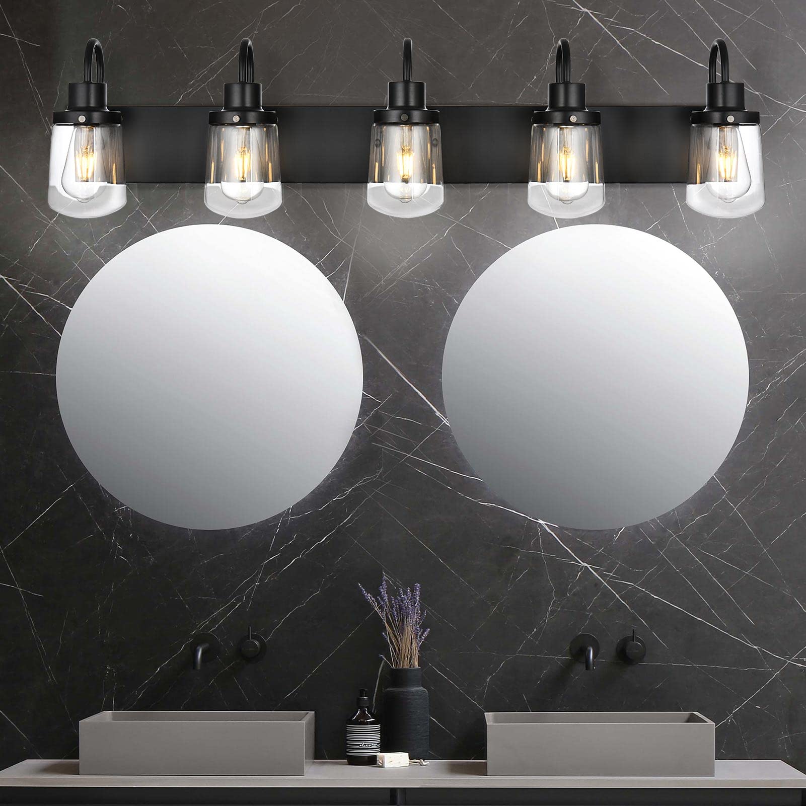 Yaohong Black Bathroom Vanity Light Fixture with 5 Glass Globe Shades, Model AT9064WL5-BK for Hallway, Kitchen, Living Room