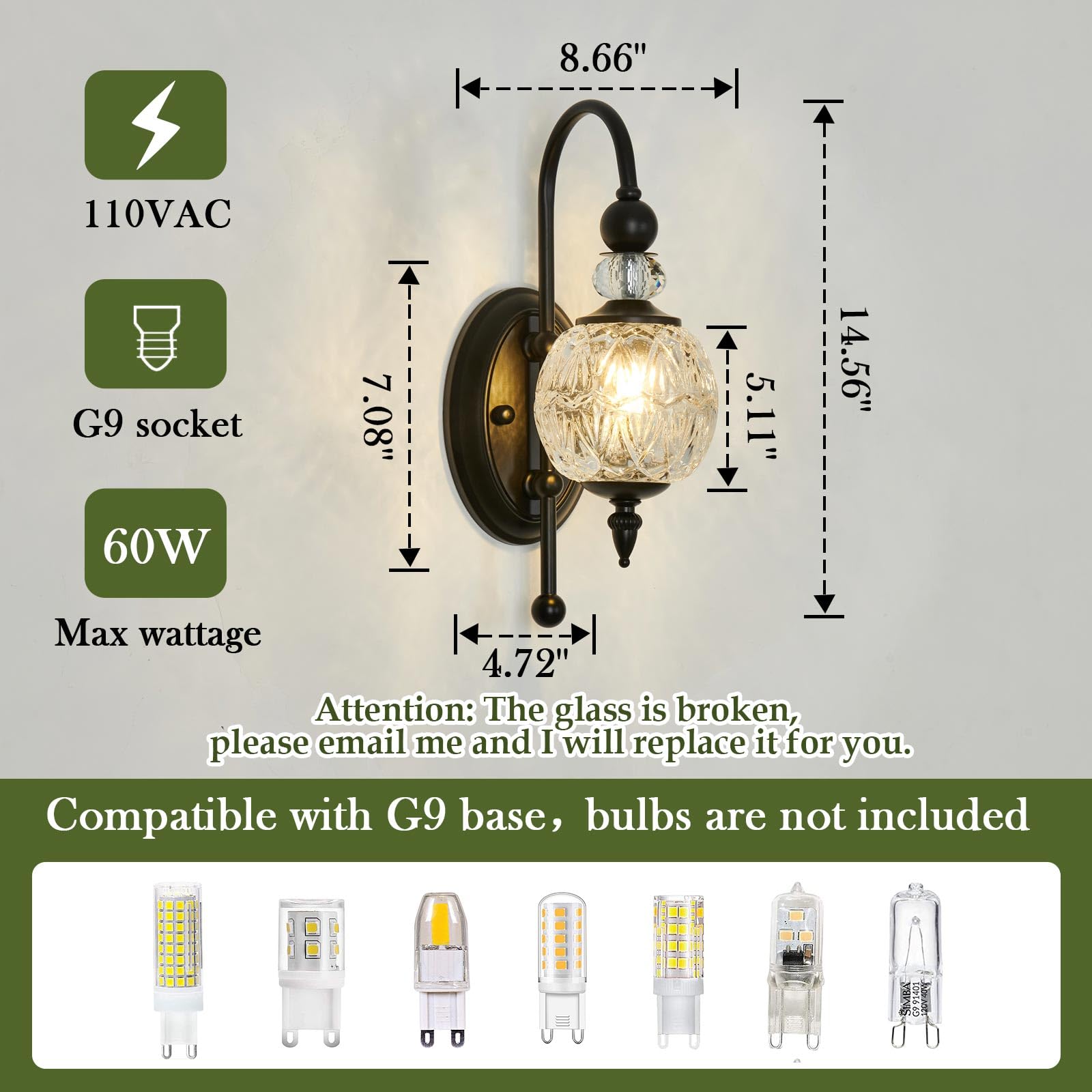 Piepooye Vintage Wall Sconce Black Iron G9 Bulb Glass Globe Shade 1 Light Indoor Lamp Model R-3014