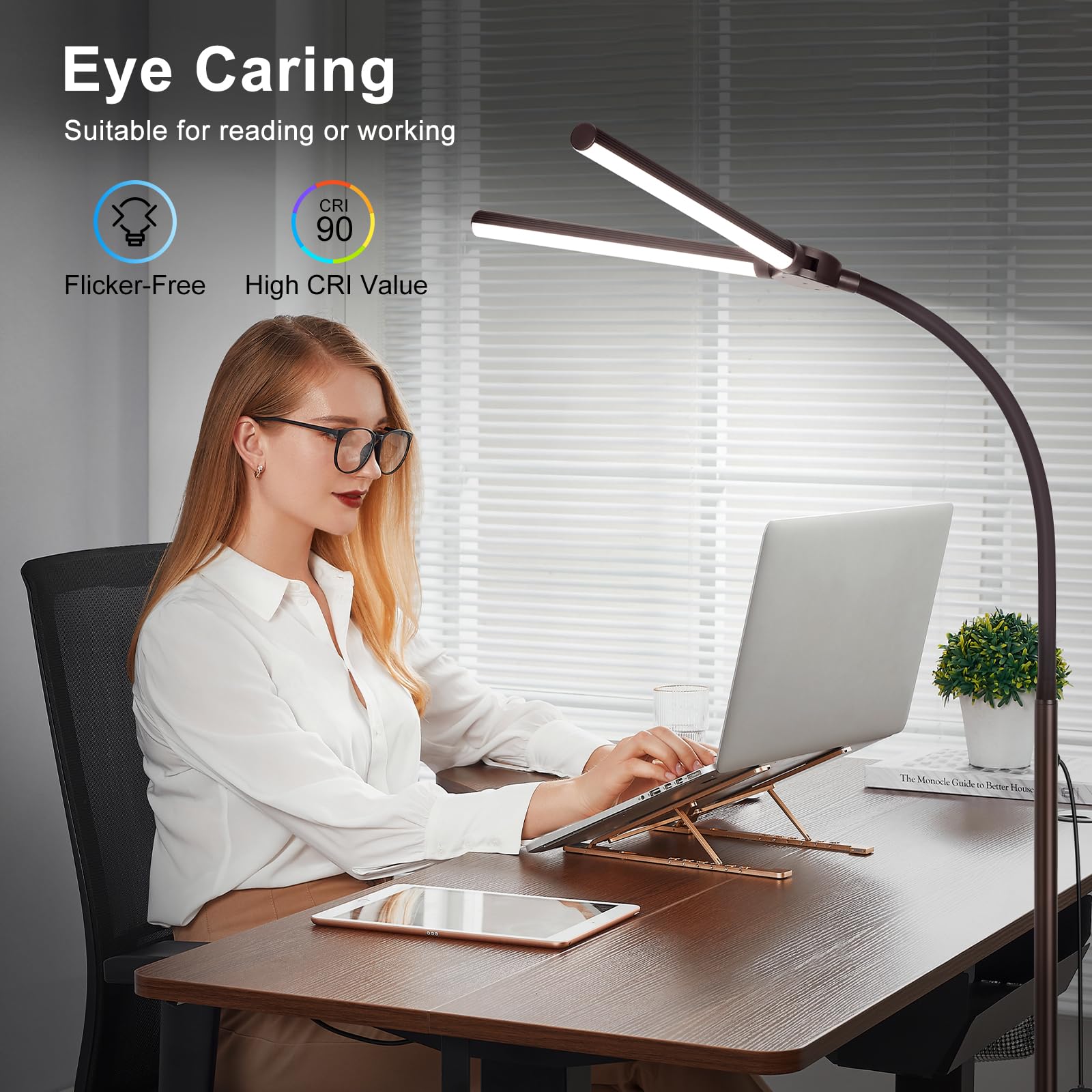 Floor Lamp, 15W/1800Lm Bright Led Floor Lamp With Double Head, Adjustable Gooseneck Dimmable Craft Light For Sewing Tatoo Makeup