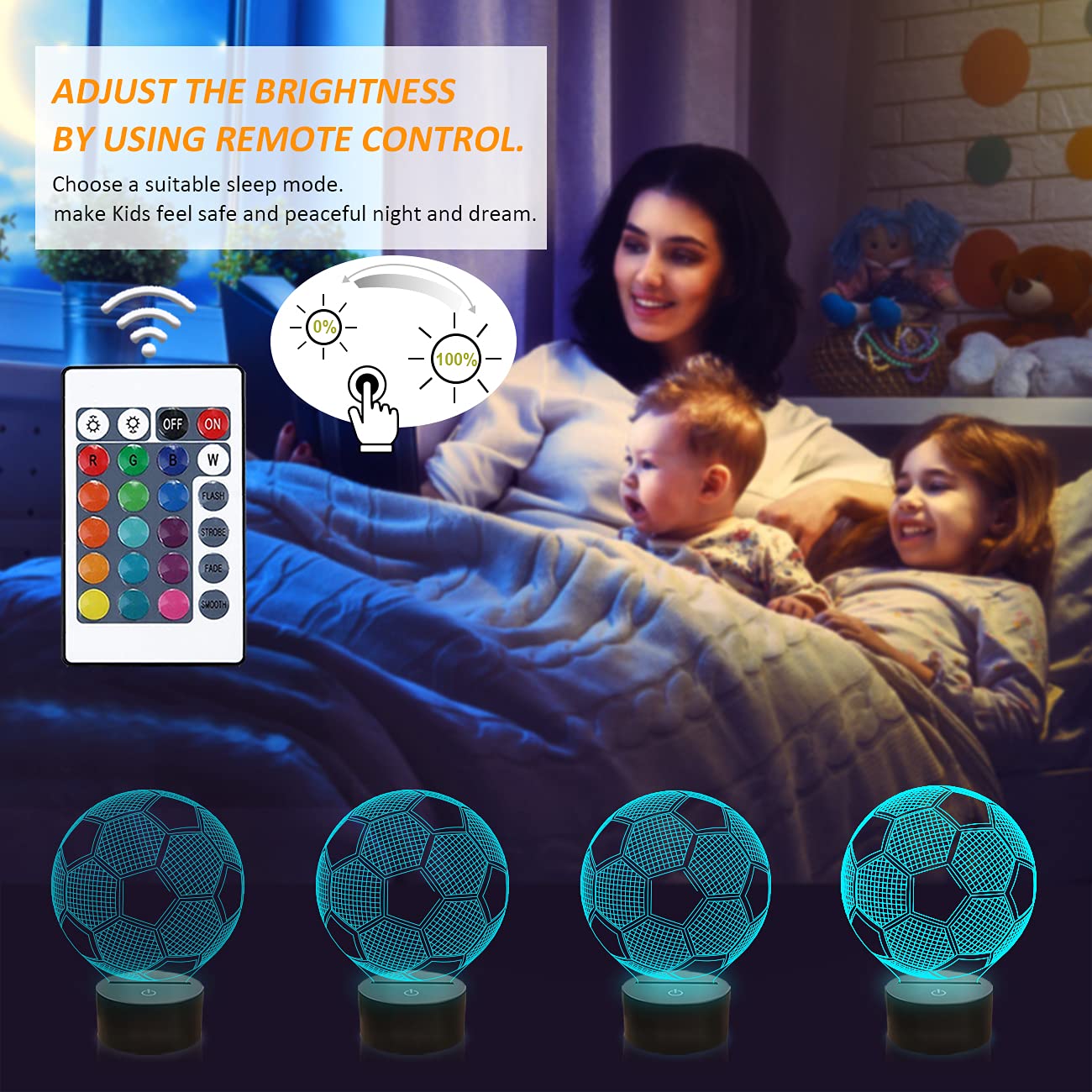 Fullosun Soccer 3D Optical Illusion Night Light With Remote, 16 Colors - Perfect Gift For Kids
