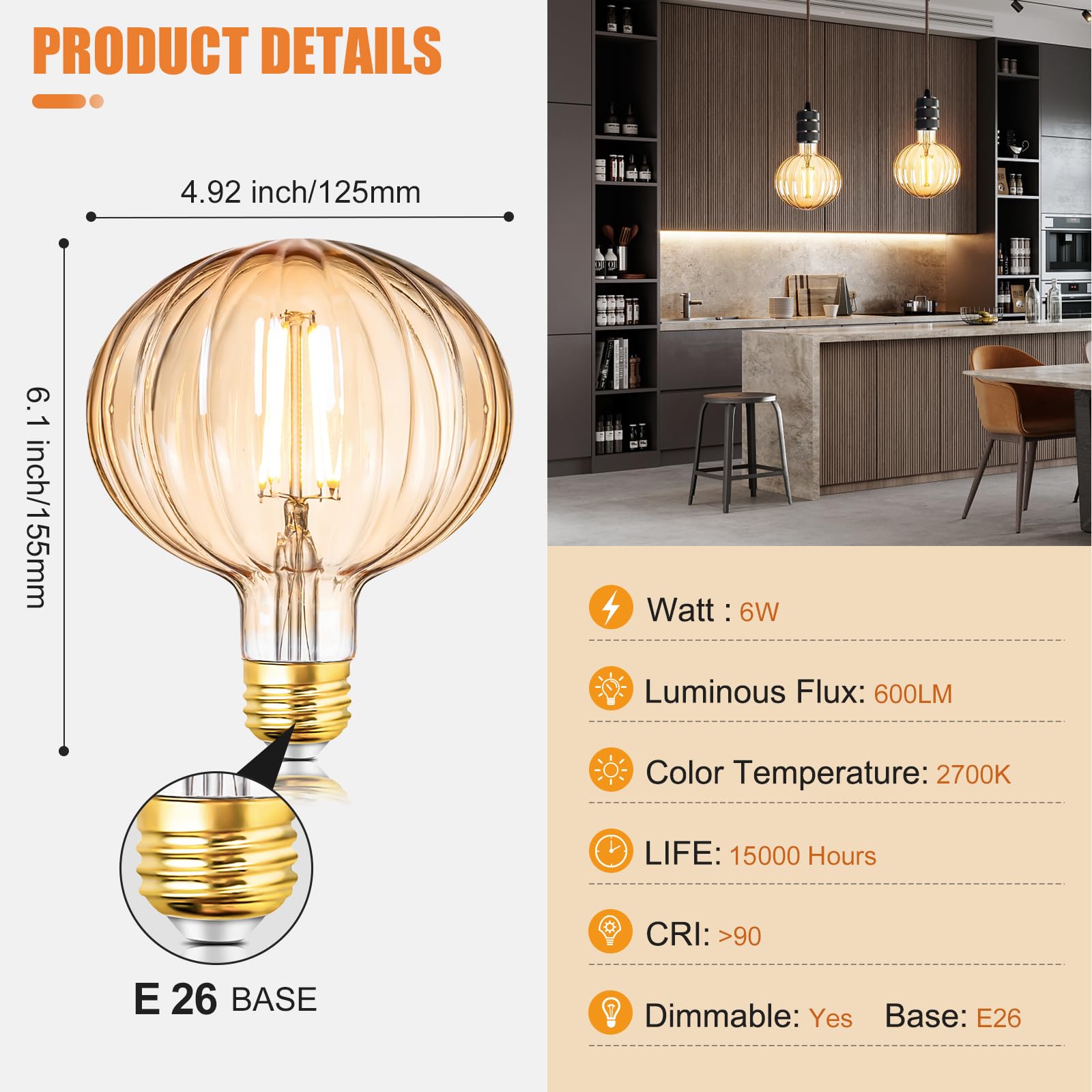 SD LUX Vintage LED Edison Bulb 6W G40 Globe Dimmable Warm White 2700K Medium Base E26 2 Pack