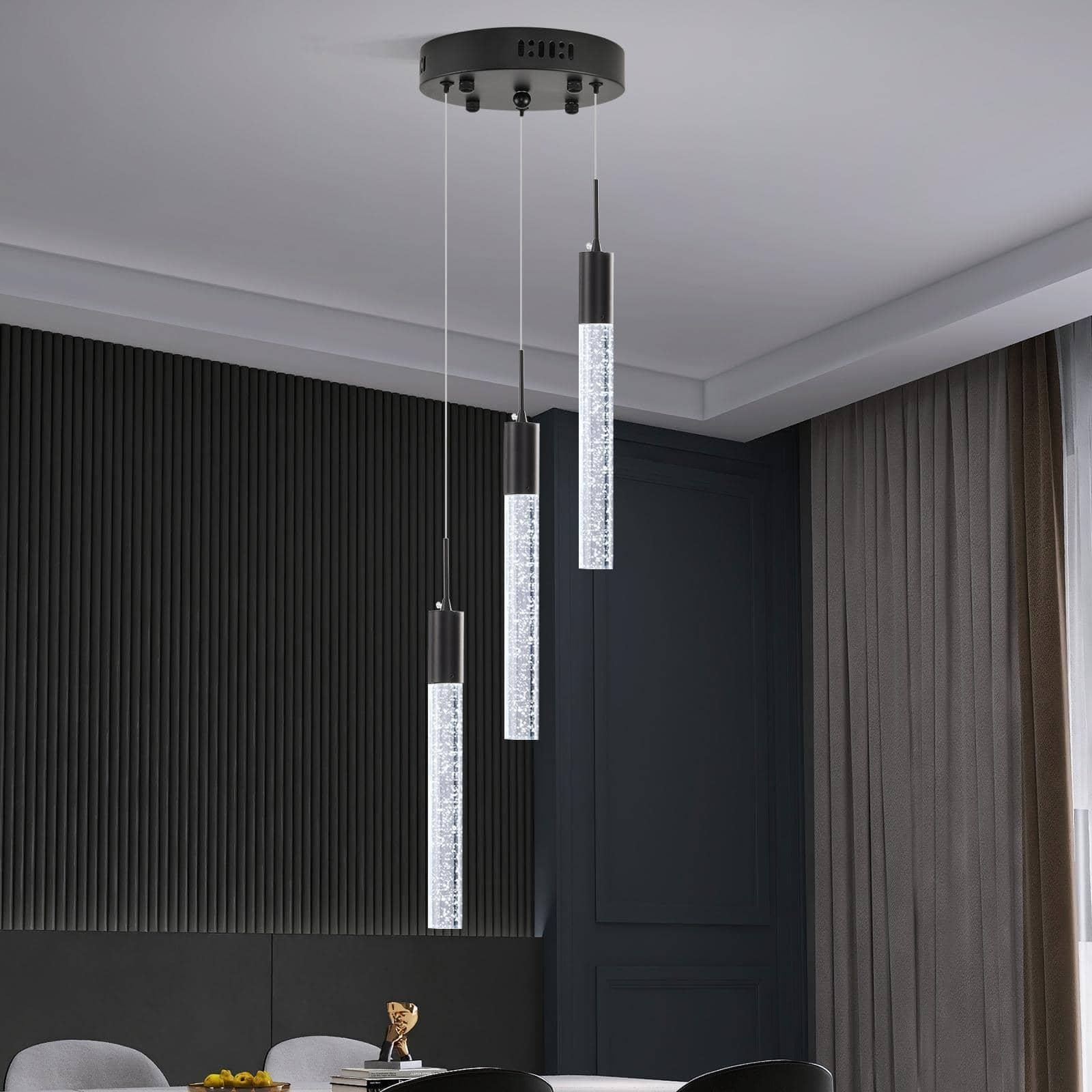 Upfelw Modern Crystal Chandelier 3-Lights  Spiral Led Raindrop Kitchen Island Pendant Lighting  Bubble Foyer Dinimg Room Hanging Light Fixture Remote Control Black