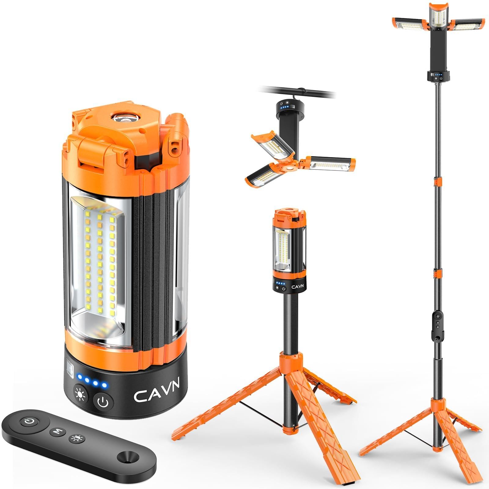 CAVN Rechargeable Camping Lights with Remote & Detachable Tripod Max Height 6.0 ft, Portable Work Light with 3 LED Lamp Heads, C