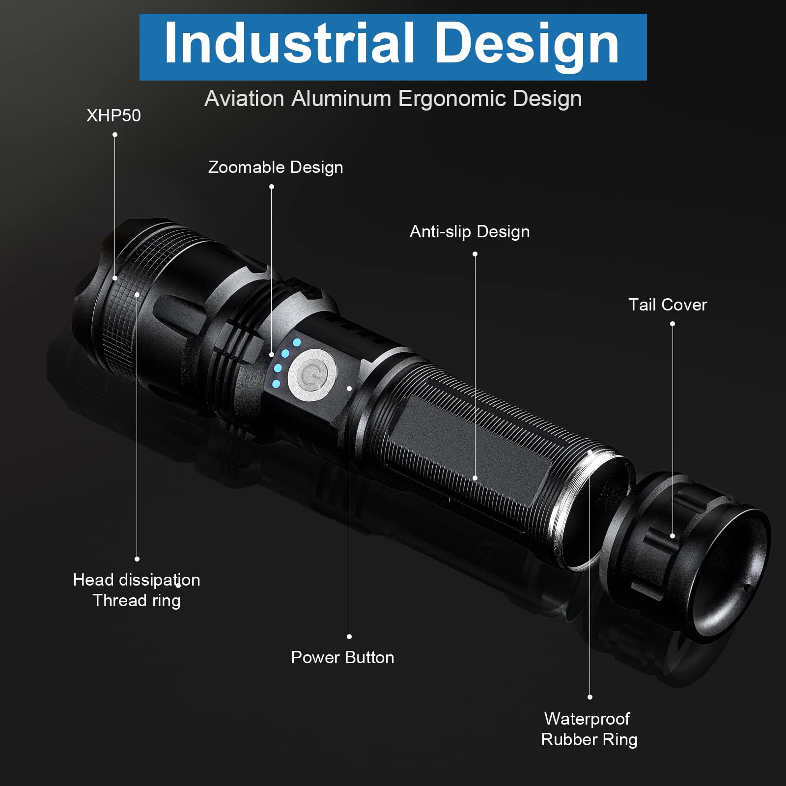 MILAOSHU Rechargeable Flashlights 90,000 Lumens - 2 Pack, LED, 5 Modes, Waterproof, Black, Model P50