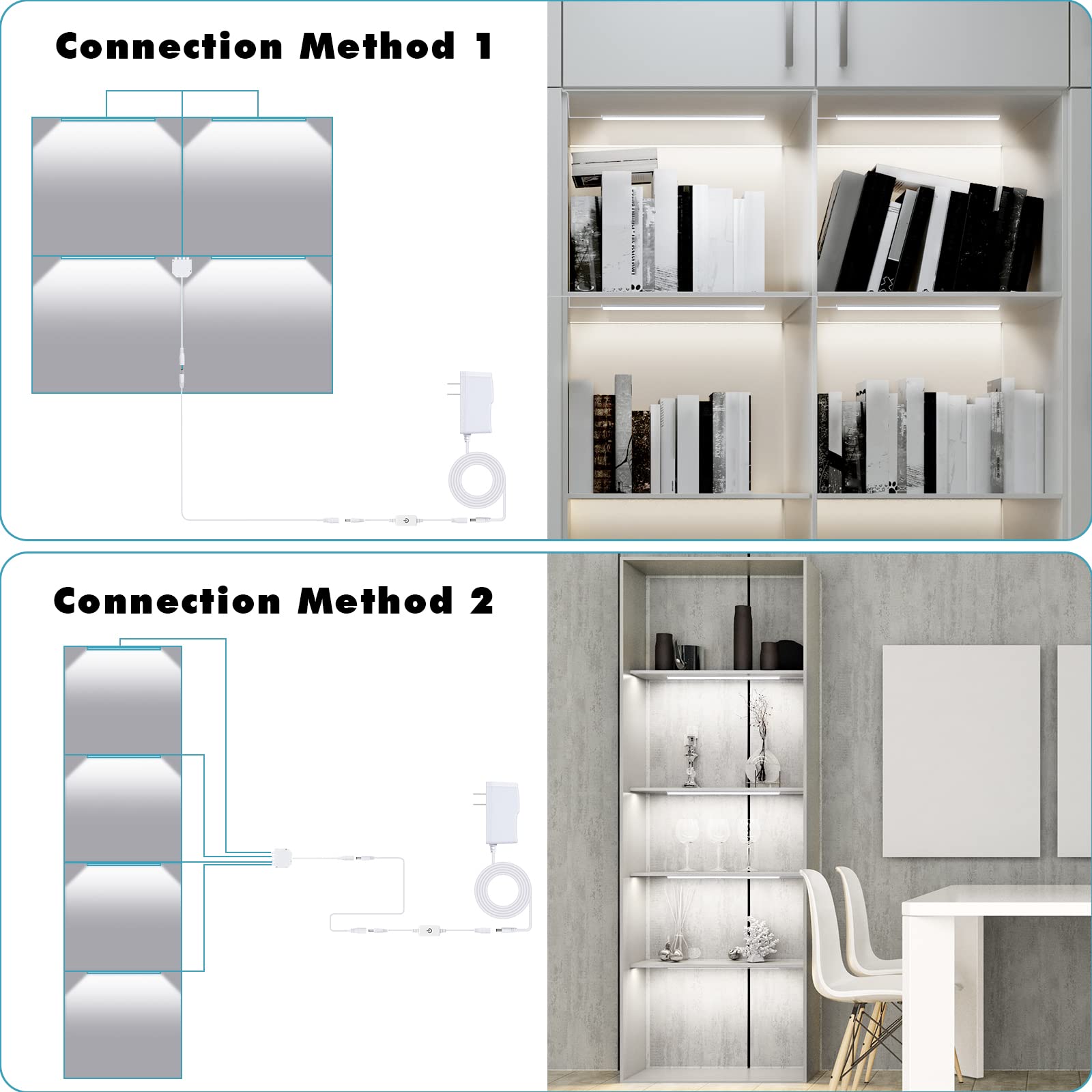 JUSJUBR 4-Pack LED Display Shelf Lights, 12 Inch Cold White Under Shelf Lighting, Aluminum, Memory Function
