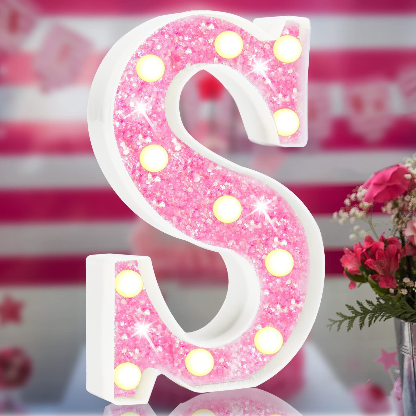 Elnsivo Light Up Letters - Pink Glitter Alphabet LED Marquee Sign for Girls Bedroom, Birthday Party, Wedding, Christmas Decorations - Size S