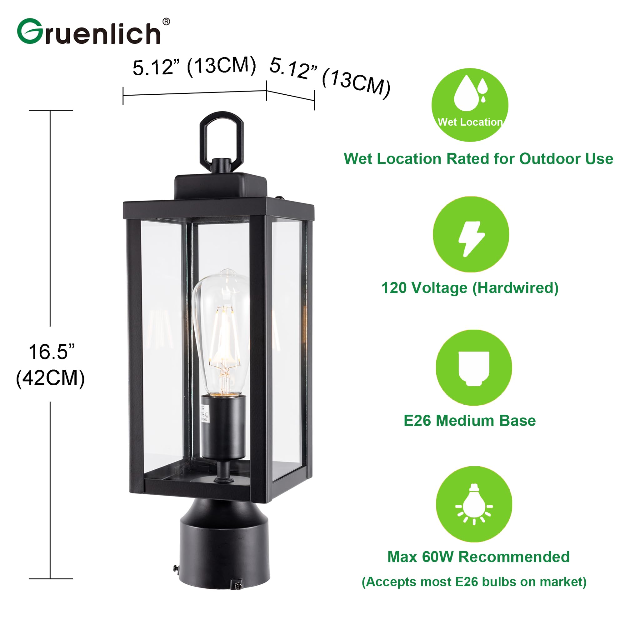 GRUENLICH Outdoor Post Lighting Fixture, E26 Medium Base, Metal Housing, Matte Black Finish, 1 Pack, Model GR-PL002