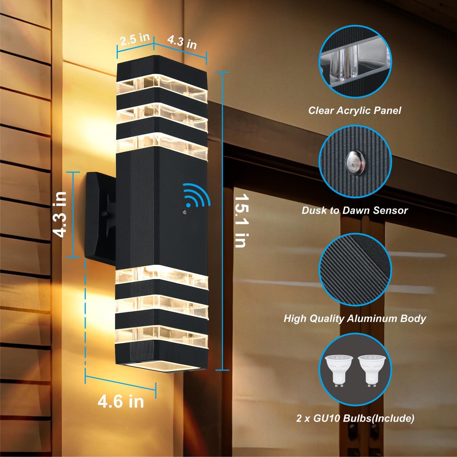 DASTOR Dusk to Dawn Outdoor Wall Lights, Modern Aluminum Sconce Fixture, 2 Pack, Black, Model DST-221102