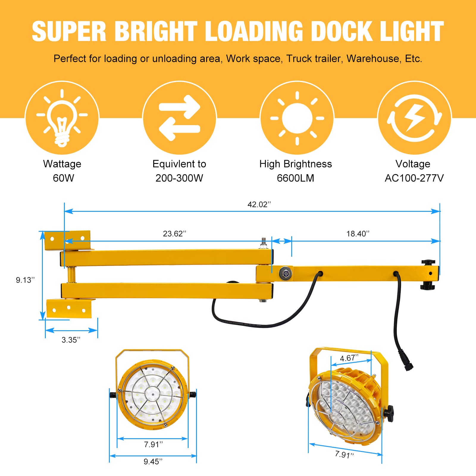 G Gjia 60W 6600Lm Led Loading Dock Lights With 40'' Swing Folding Double Arm, Ac100-277V, 360 Rotatable Led Lamp Head, Etl Liste