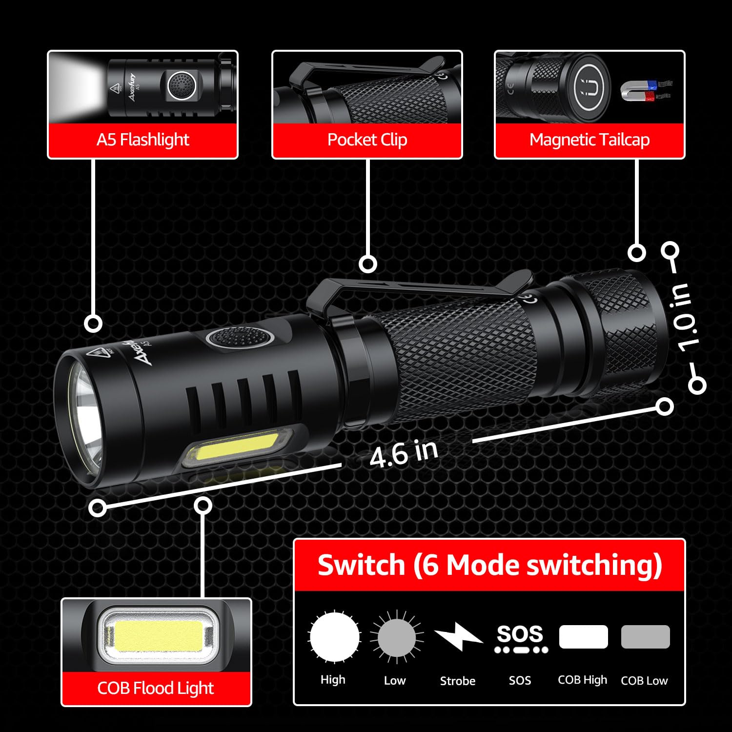 Axefury Flashlight,Magnetic Led Flashlight,Edc Handheld Flashlight With Removable Headband,6 Modes,Dual Fuel, A5 For Camping, Em