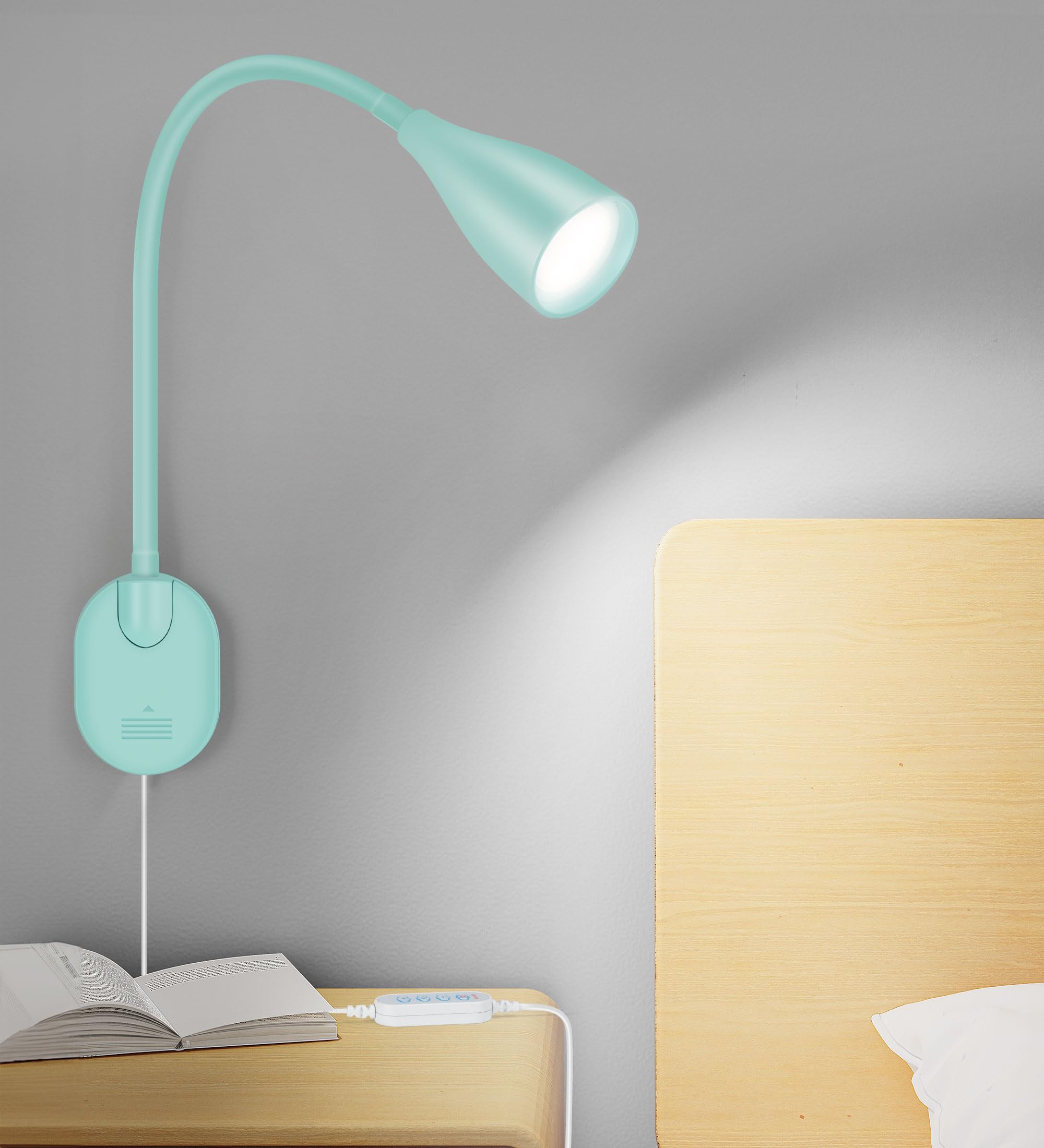 LiFMIRA Wall-Mounted LED Bedside Reading Light with USB Charging Port  10-Level Dimmable & Adjustable 5 Color  Plug-in Adhesive Night Lamp for Books in Bed  Eye-Caring Bedroom Lighting (Teal)