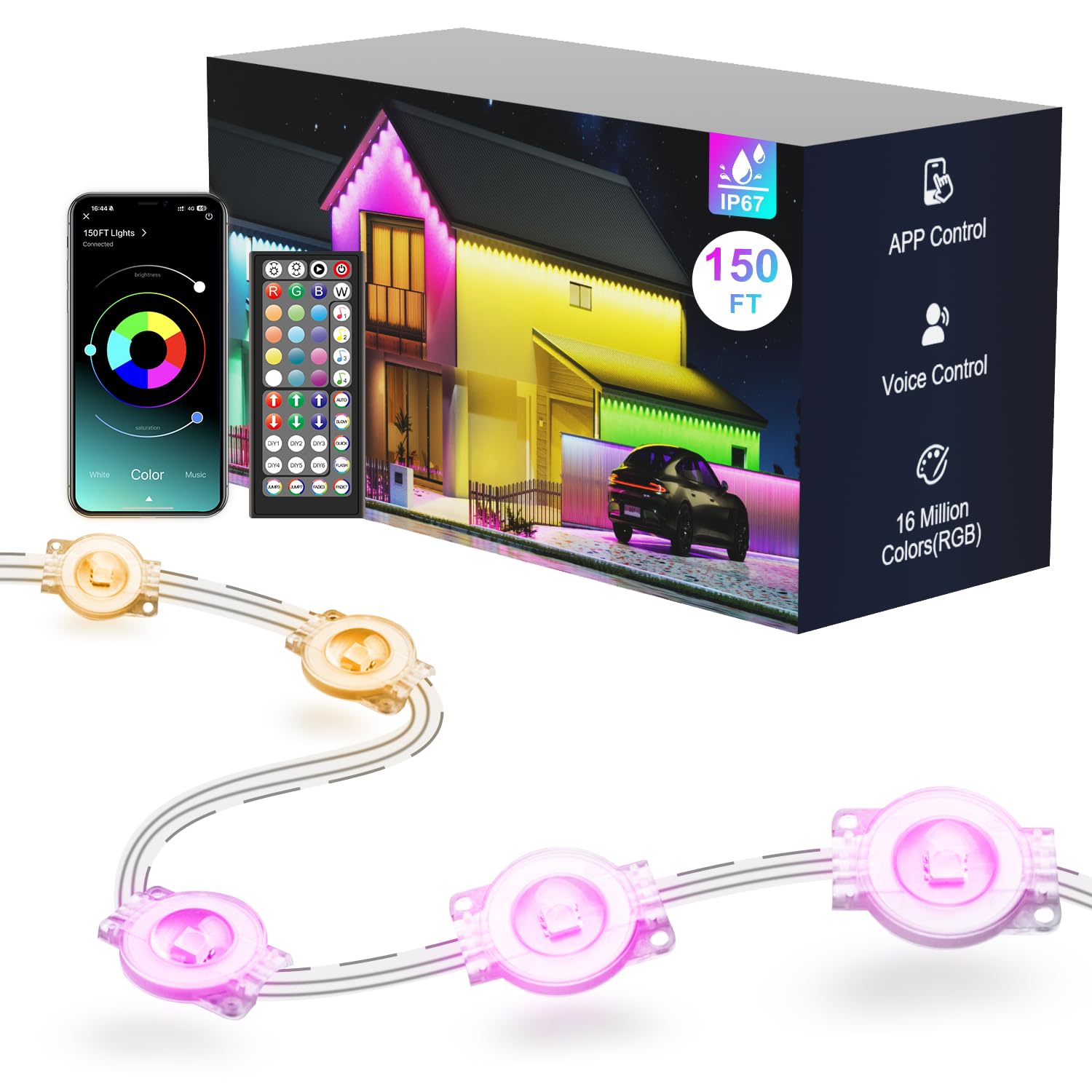 Fussion 150ft RGB Permanent Outdoor Lights - APP Remote Control, IP67 Waterproof, Model LX20250312-60M, White Eaves Lighting