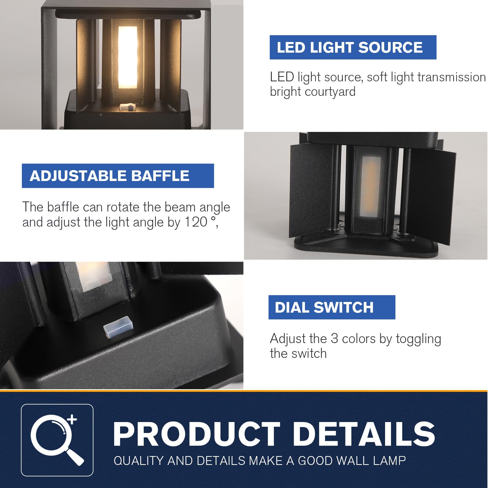 4 Pack Led Outdoor Wall Lights Exterior/Interior 3 Colors Adjustable 15W Wall Light Fixture Ip65 Waterproof Porch Exterior Wall Sconce Modern Outdoor Lighting Square Aluminum Black Up And Down Lights