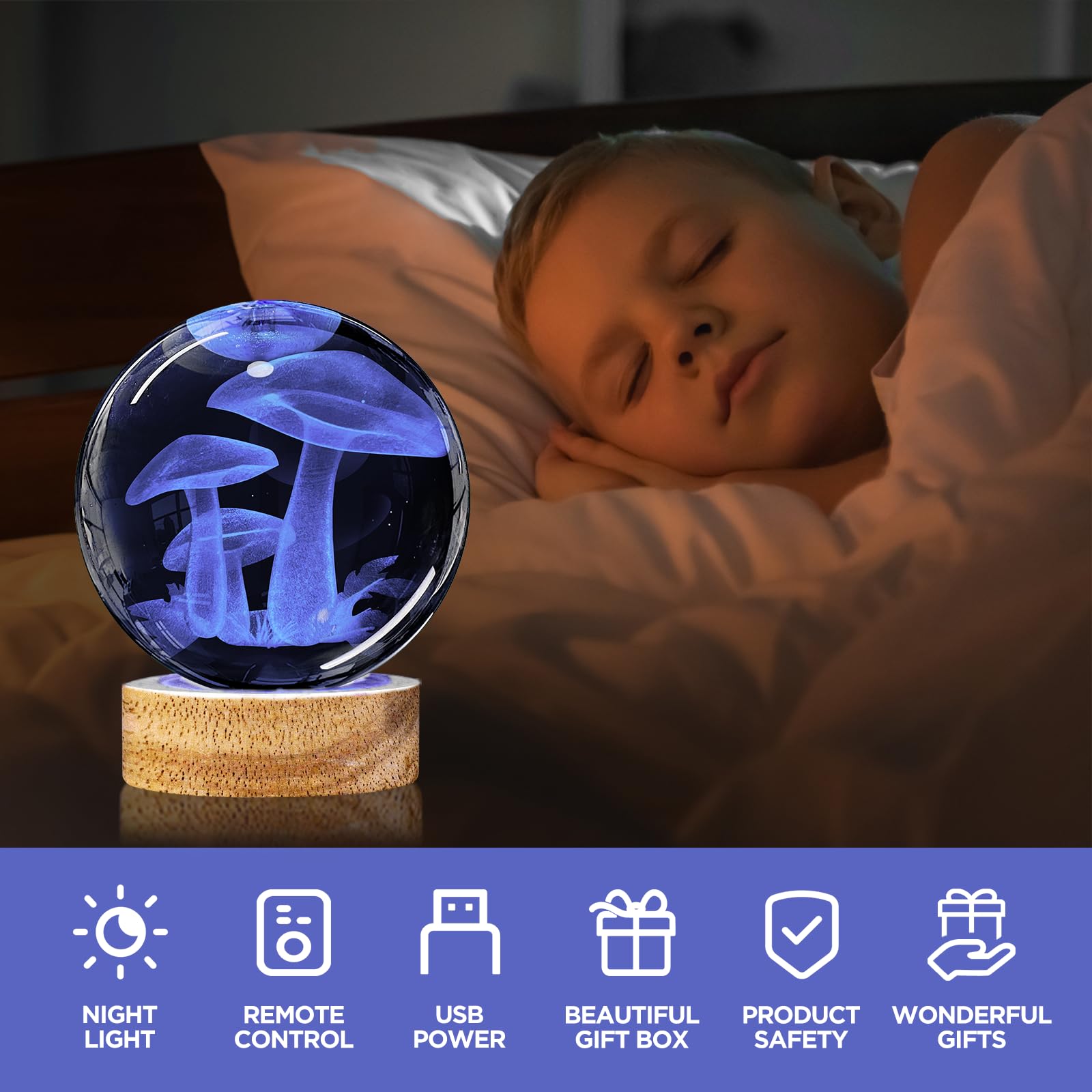 Yylzephb 3D Mushroom Crystal Ball Night Light With Woodern Base, Mushroom Glass Ball Lamp With 16 Colors And Remote Control Cool