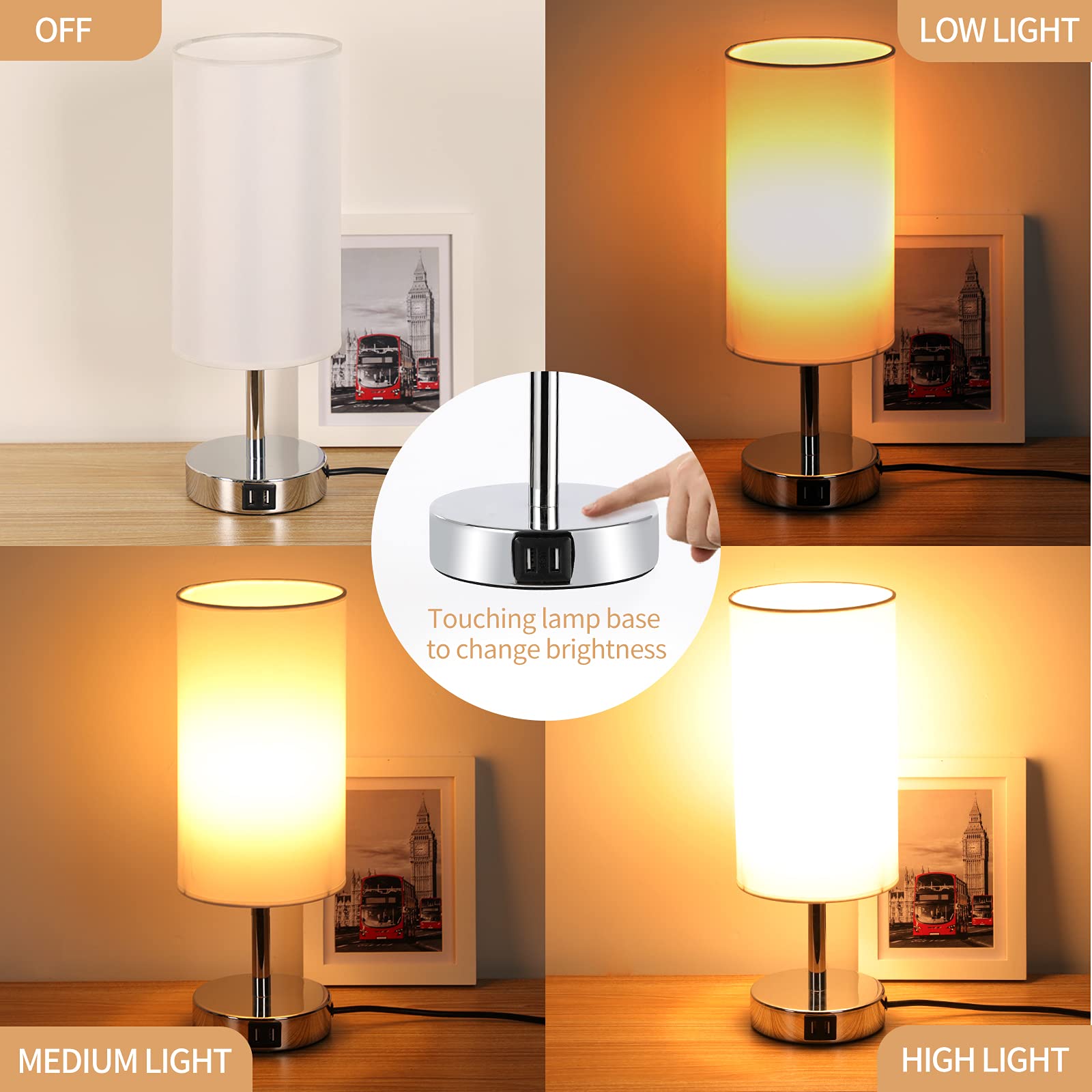 Yarra-Decor Touch Control Bedside Lamp with USB Port, 3-Way Dimmable, White Linen Shade, Ideal for Bedroom, Living Room, Home Office