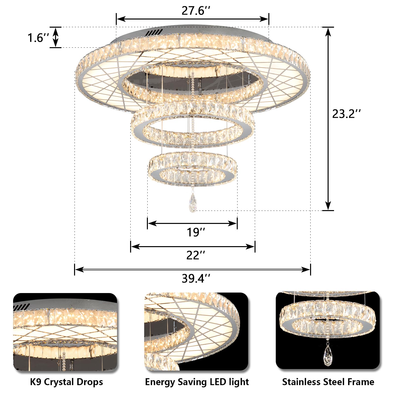 HAIXIANG Crystal Glam Chandelier LED Ceiling Light, Remote Dimmable, 40 Inch, Silver, Model MMQ3831