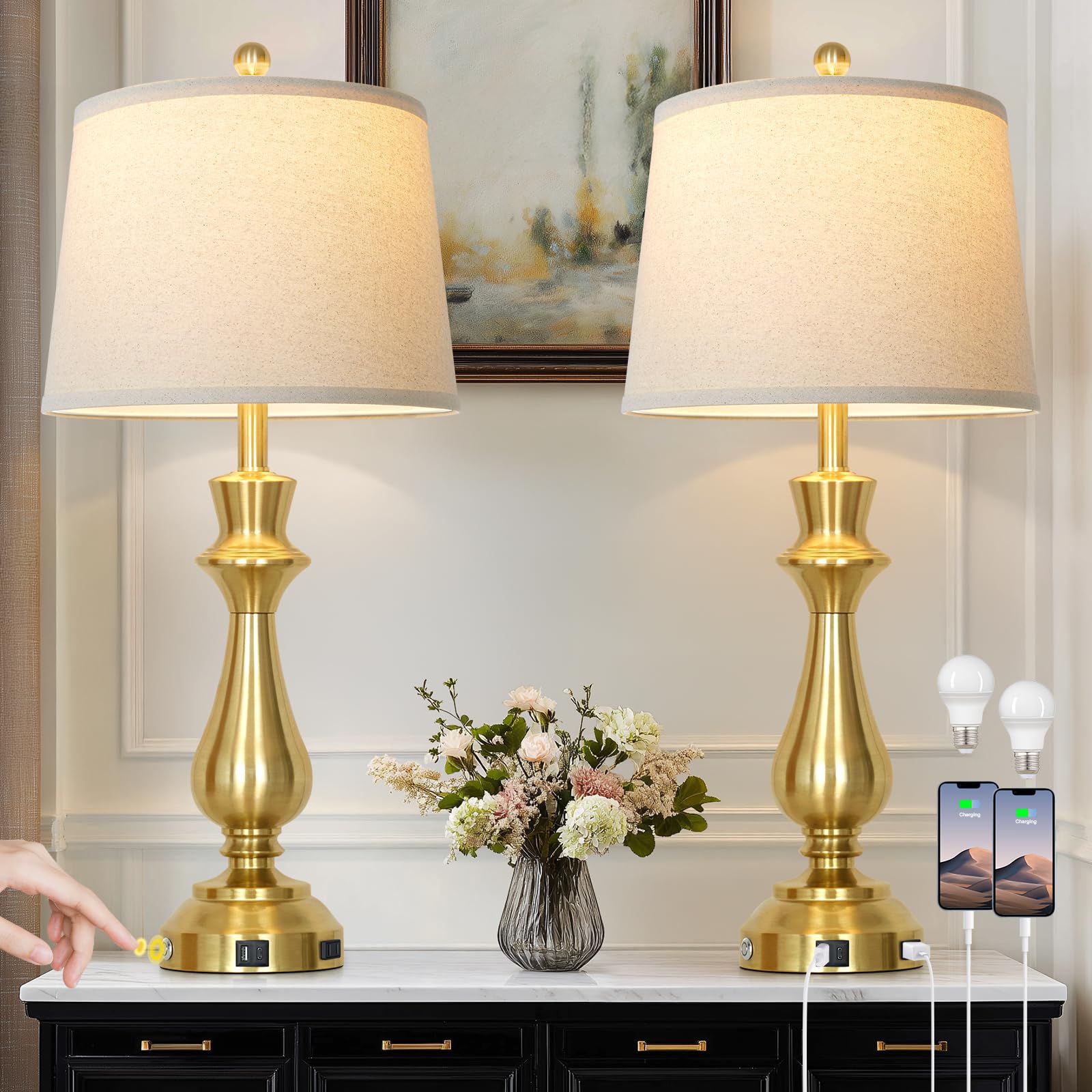 Cinkeda Touch Lamps for Night Stands Set of 2-29.5 Tall Bedside Lamp with USB C+A  3 Way Dimmable Bedroom Lamps  Gold Metal Table Lamps for Living Room