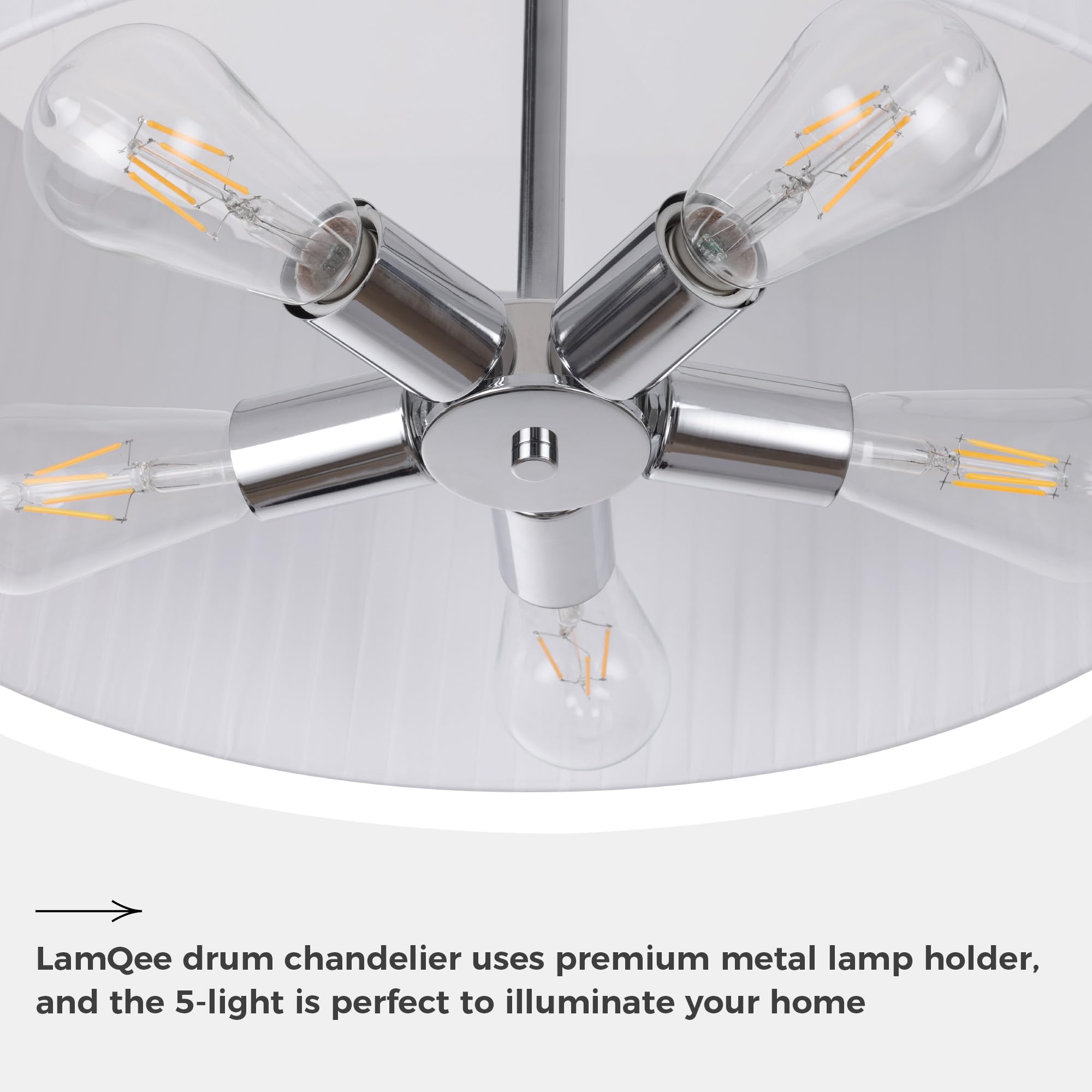 LamQee 24" Modern Drum Chandelier, 5-Light Fabric Pendant, Chrome Finish, Semi Flush Mount, White Shade, Model 0268