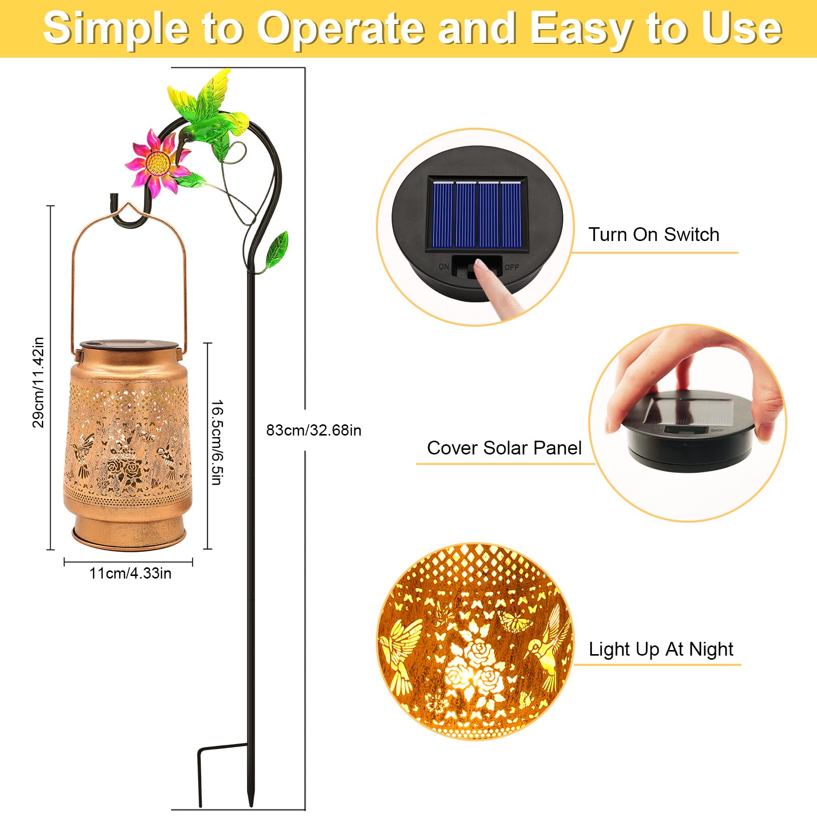 Solar Lanterns Outdoor with Shepherd Hook - Waterproof Hummingbird Garden Decor, LED Hanging Lights Metal Decor for Yard, Patio,
