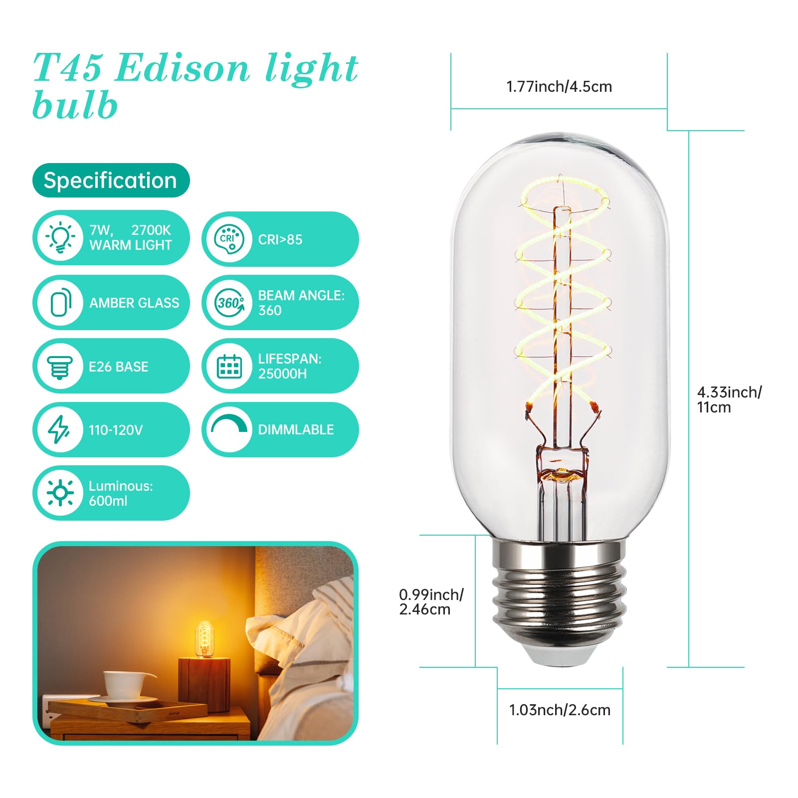 Amdtu Light Bulbs 75 Watt Equivalent, 700 Lumens Led Bulbs 7W, Ultra Filament Spiral E26 Base Edison Led Bulbs Dimmable, 7 Watt