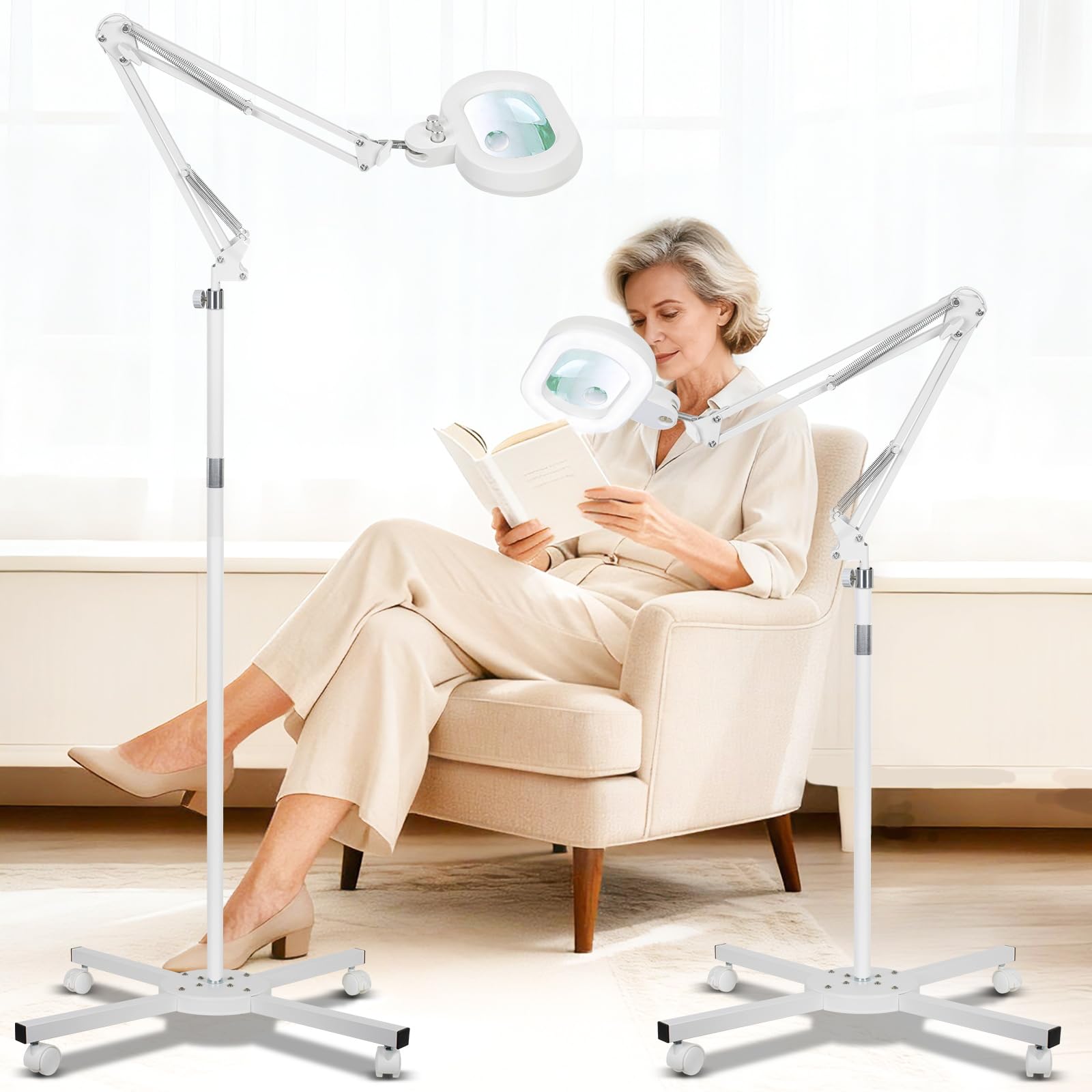 KIRKAS 12X 30X Floor Magnifying Glass with Light and Stand, Infinite Color Dimmable 2 in 1 Large Lighted Magnifier lamp for Work