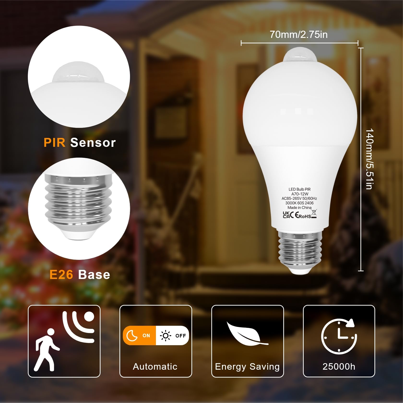 Oraluce Motion Sensor Light Bulbs Indoor Outdoor 100 Watt Equivalent, 12W Motion Activated Light Bulb 3000K Warm White, A19 E26