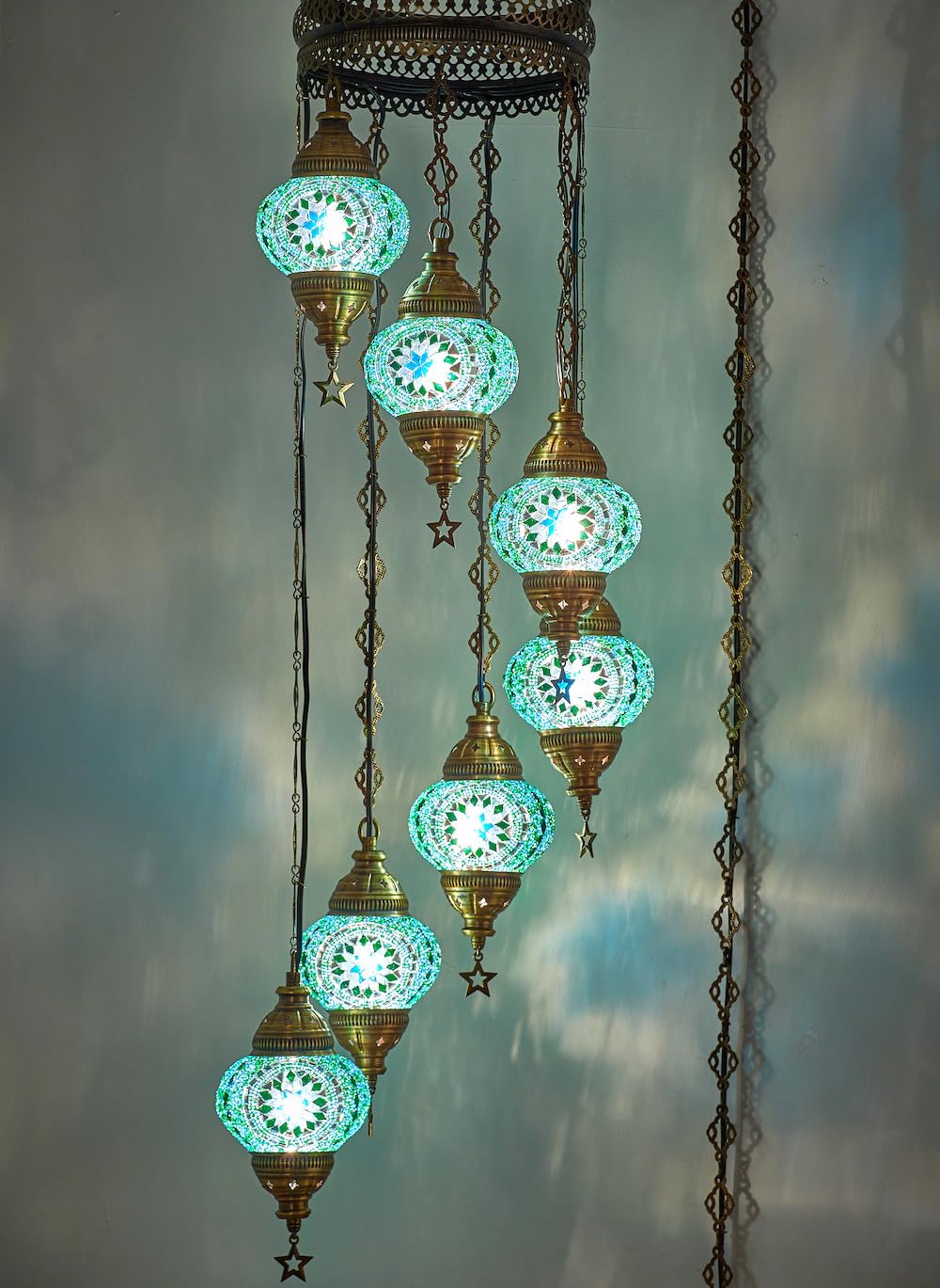 DEMMEX 7-Globe Plug-In Chandelier, Tiffany Style, Handmade, Metal, 59x14 Inches, Lagoon Glow, Model DEMMEX-Swag7