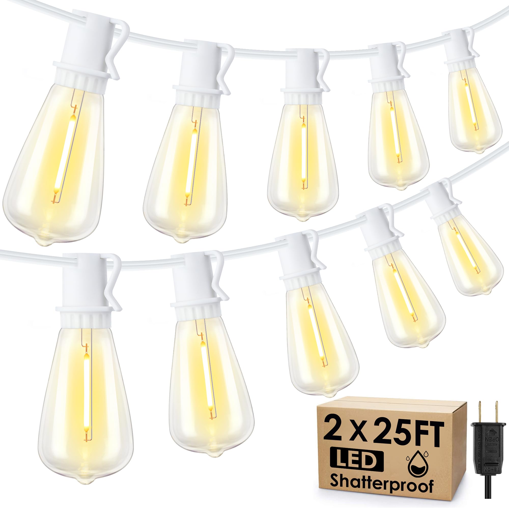 Larkvue Outdoor String Lights, 50FT with 20+2 Dimmable LED Vintage Bulbs, Waterproof, White, Model GLS-20J2P-E17-ST38-15