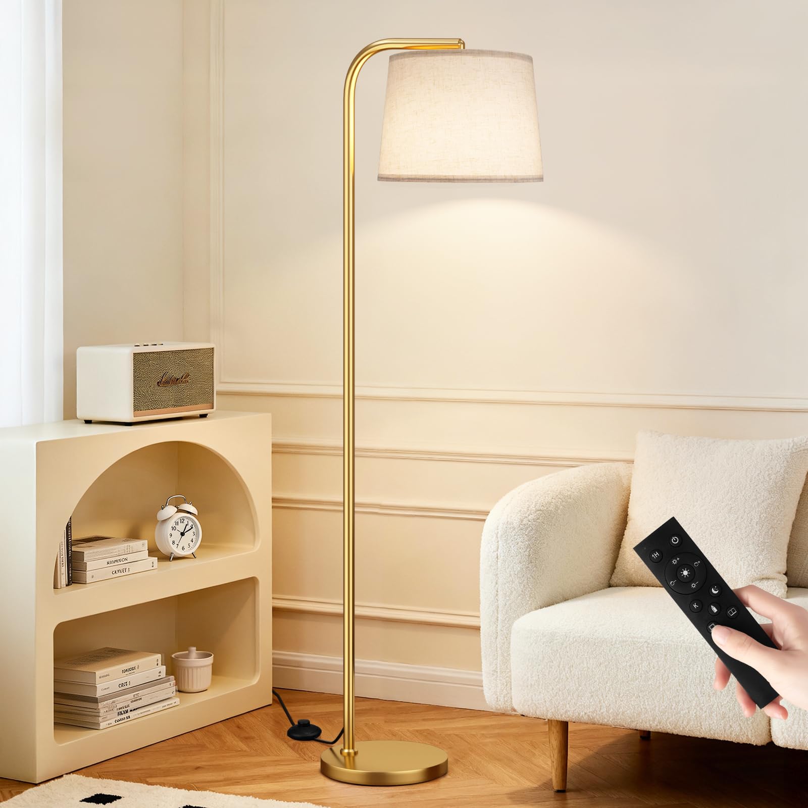 Ambimall Remote-Controlled Floor Lamp - Color Temperature Adjustable and Fully Dimmable  Standing Lamp for Living Room with Rotating Head  Tall Lamp for Bedroom  9W Bulb Included (Gold and Beige)