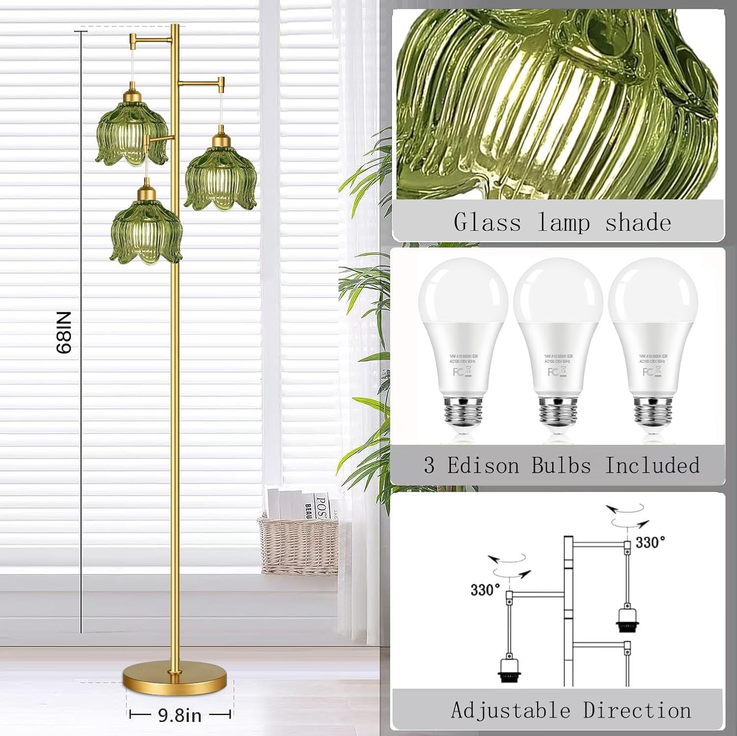 QIYIZM Gold Floor Lamp - Mid Century Modern 3-Light Metal Standing Lamp, 23" Tall, Vintage Retro with Green Glass Flower Shade