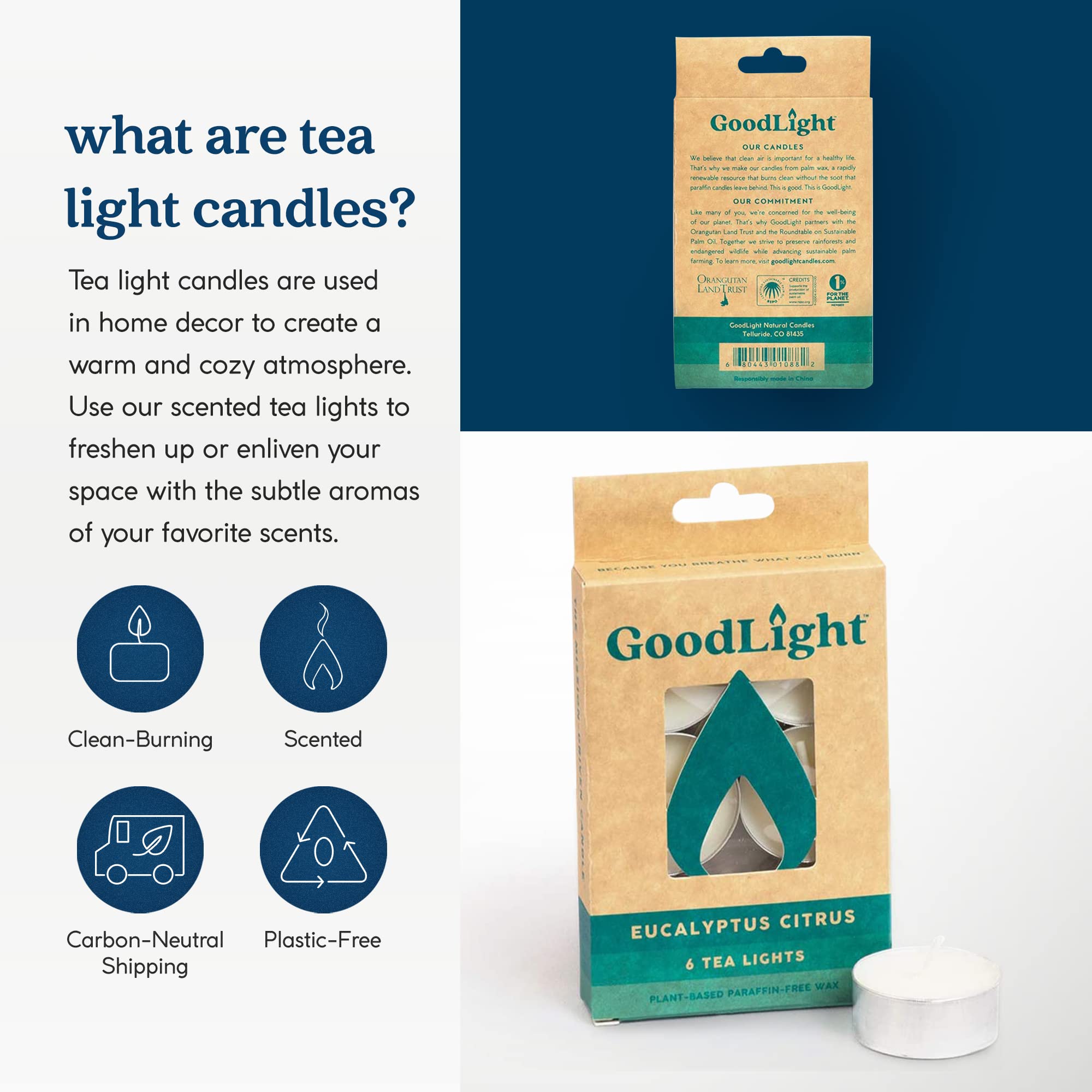 Goodlight Paraffin-Free Scented Tea Lights Candles, Clean-Burning And All-Natural Tea Light Candles, 4-Hour Burn Time (Eucalyptu