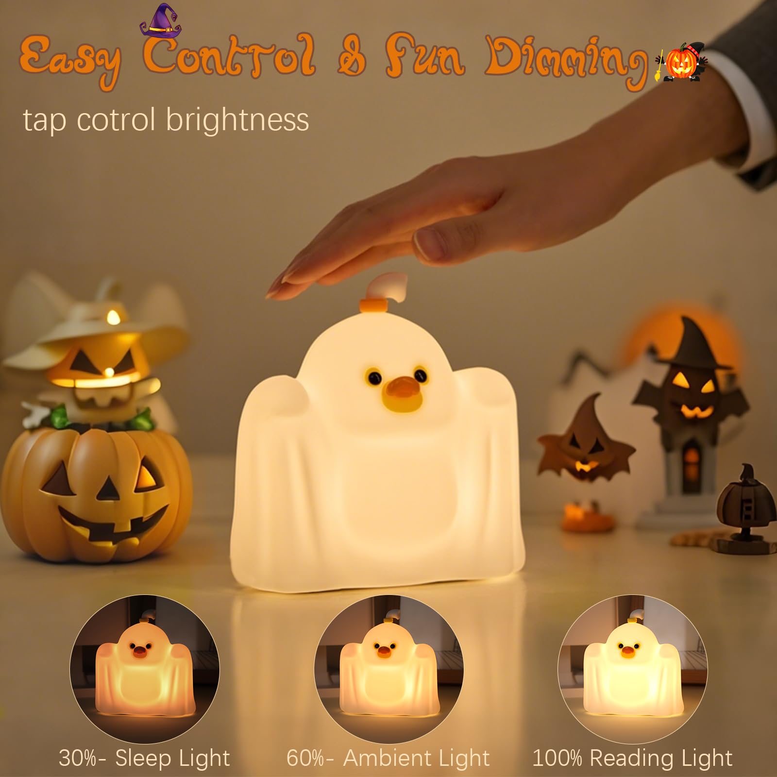 YR YRHH-PET Ghost Duck Night Light - Rechargeable Dimmable Silicone Lamp for Kids, Halloween Decor, Model A062