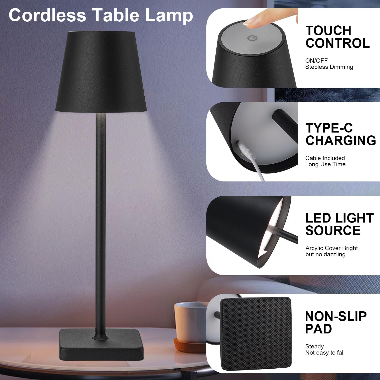 Kelary Cordless Table Lamp, 2 Pack, Rechargeable LED, 5200mAh Battery, Stepless Dimmable, Waterproof, Black, Model BZTD008BDFBAK