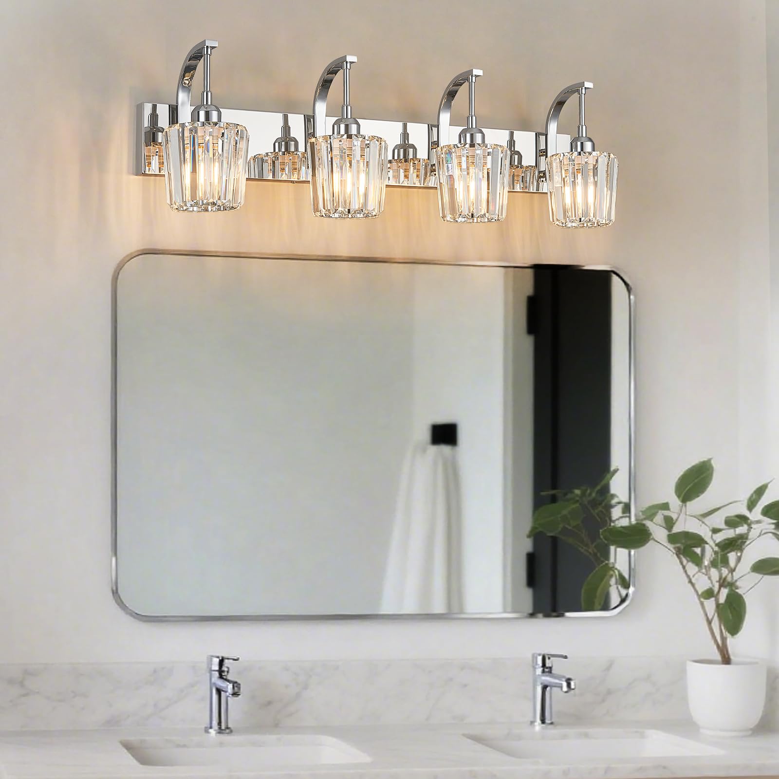 Fdpby Modern Bathroom Vanity Light  4-Light Chrome Wall Sconce With Crystal Accents  Over Mirror Bathroom Lighting Fixture  32.67 Long Dimmable Vanity Lamp For Makeup  Easy Installation