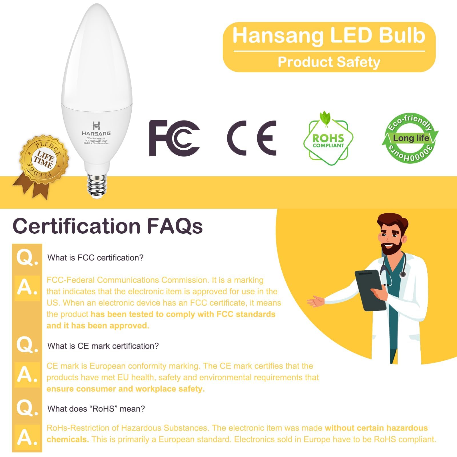 Hansang E12 Led Candelabra Bulbs 3000K Soft White, 60Watt Equivalent, Type B Bulb For Chandelier, B11 Led Bulb, 5W Fan Light Bul