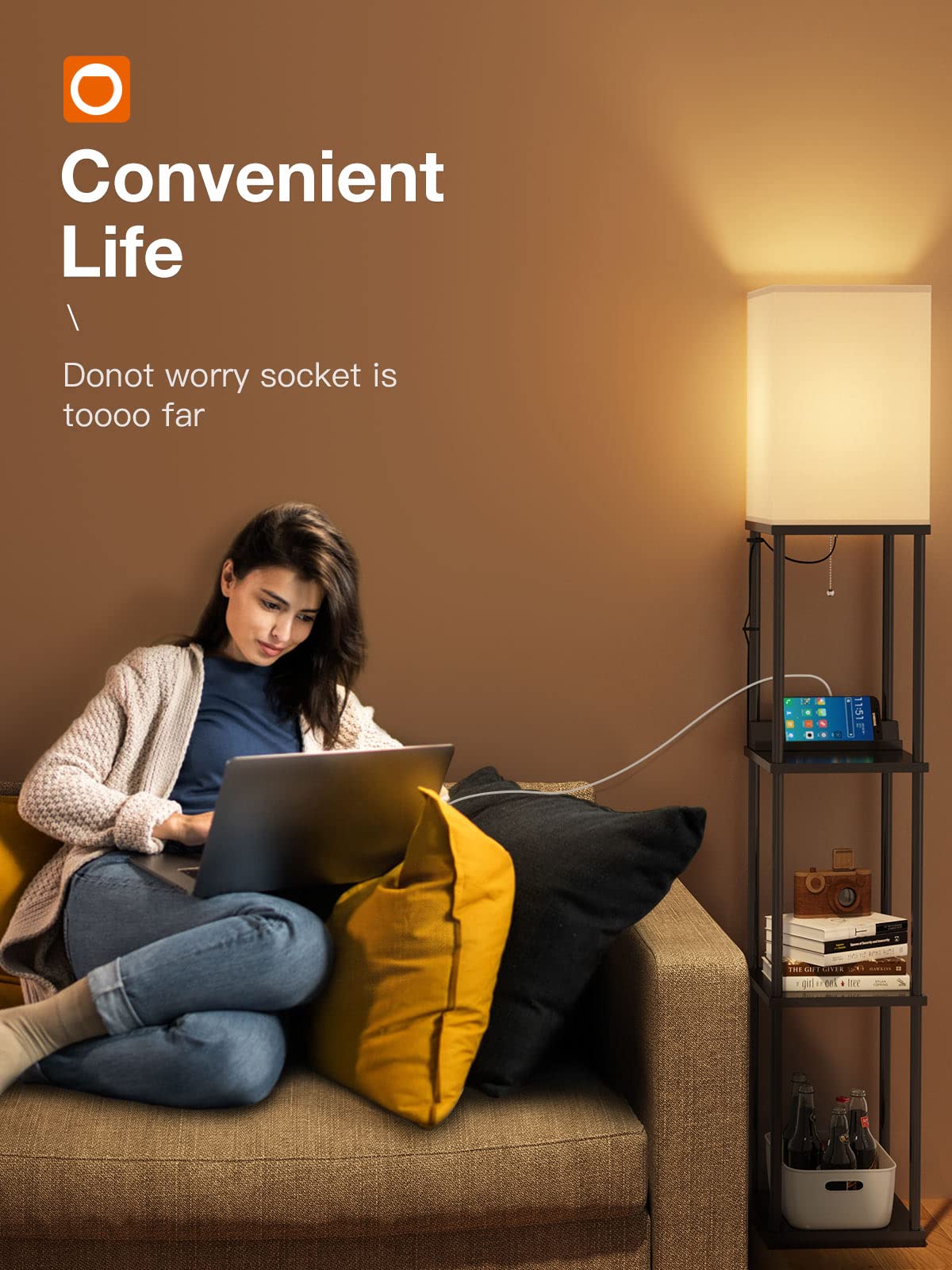 addlon Floor Lamp with USB Ports & Power Outlet, Remote Control, 4-Tier, Metal, Black
