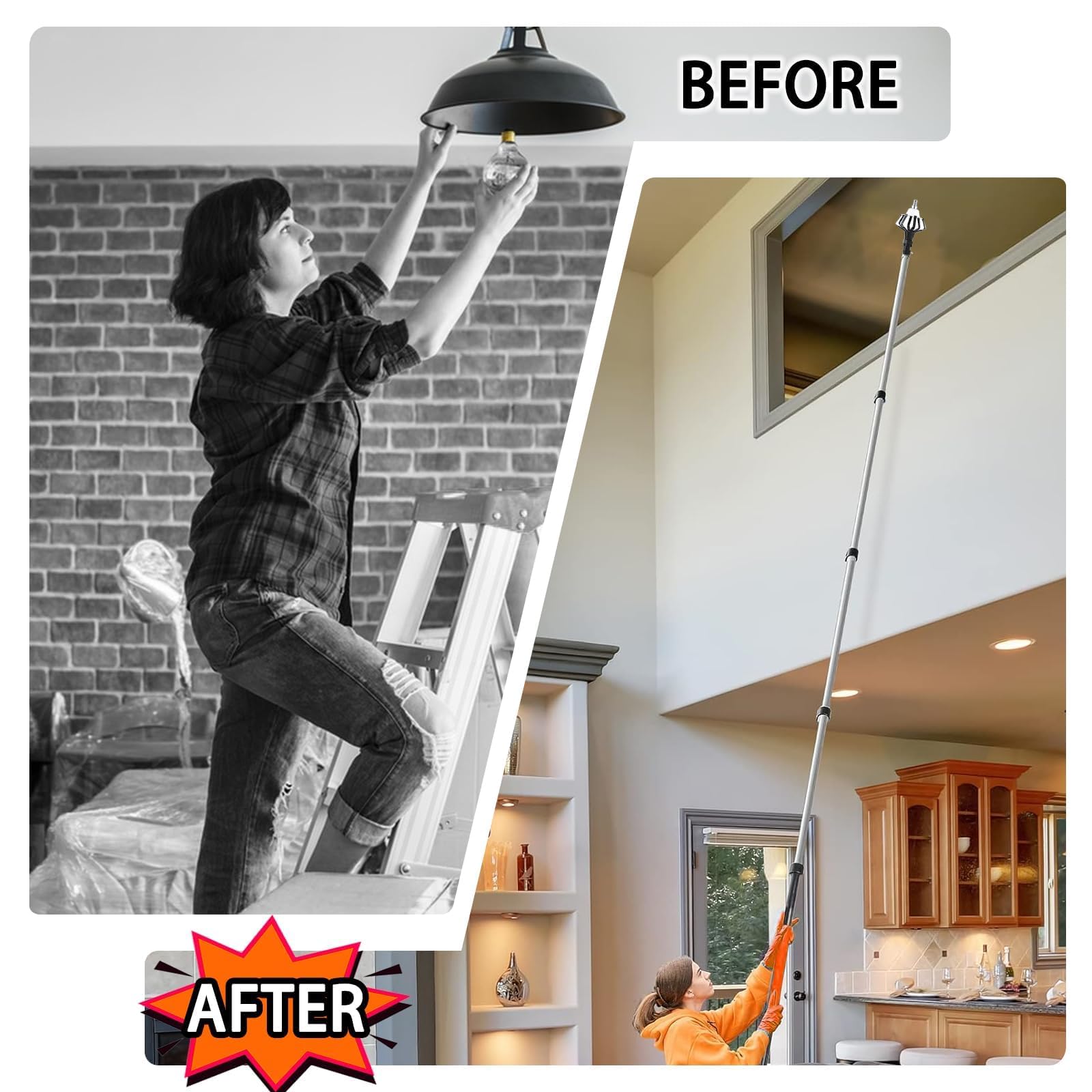 SISUPASSIE Light Bulb Changer, 20FT Reach, Aluminum, Orange, Model HKLBOR02, Suction Cup & Basket for High Ceilings