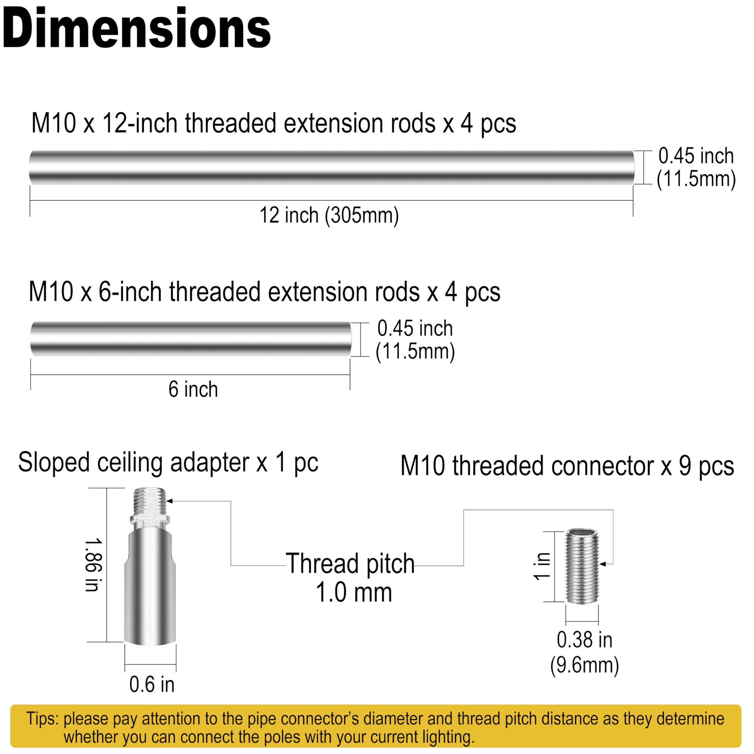 8 Pieces M10 Threaded Extension Poles Lighting Fixture Downrods Stems & 180 Degrees Sloped Ceiling Adapter Kits For Pendant Light  Island Lighting  Chandeliers (Chrome)