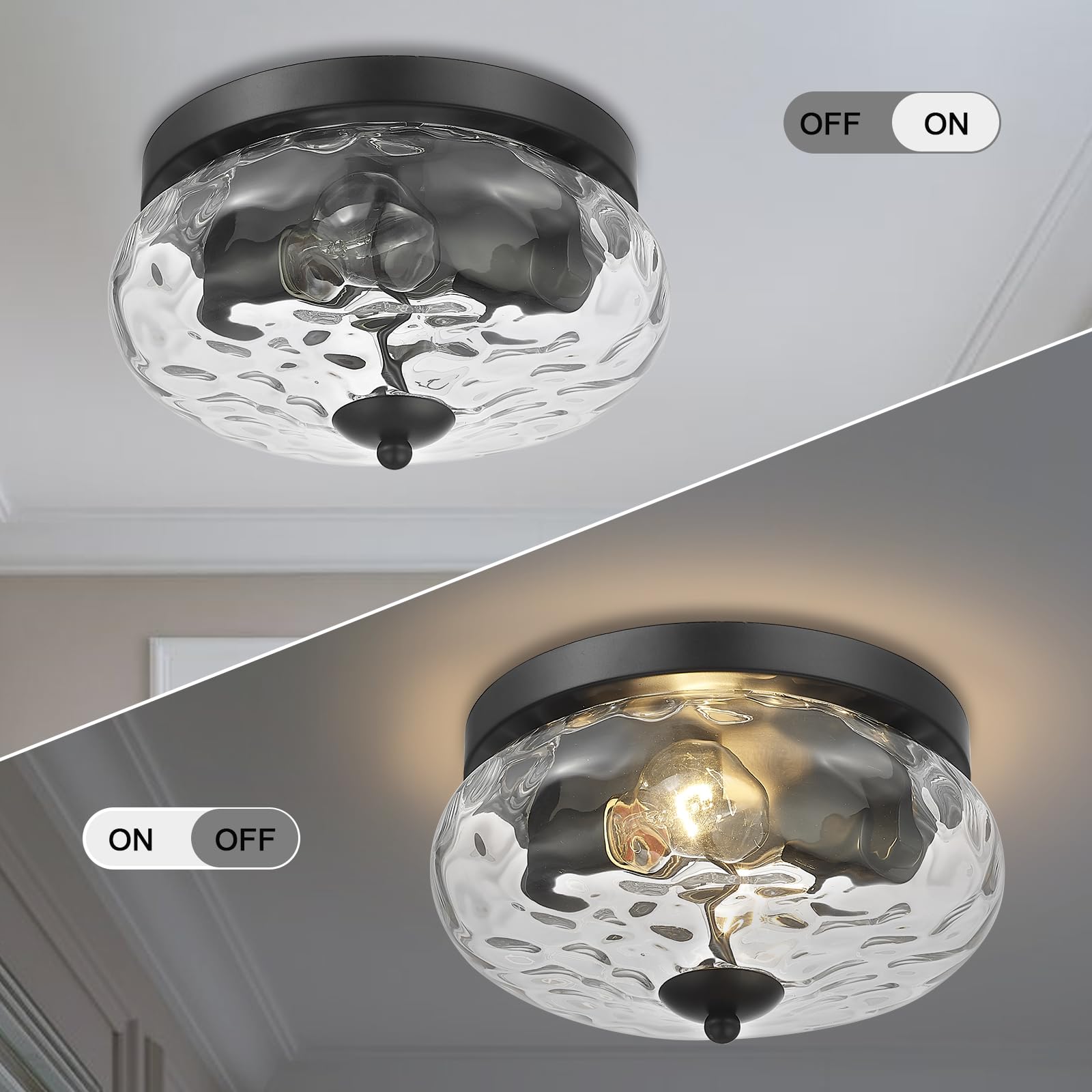 Darkaway Flush Mount Ceiling Light Fixture, Water Ripple Glass Shade, 11 inch, Metal, Black Finish, Model 6T1F, Indoor/Outdoor Use