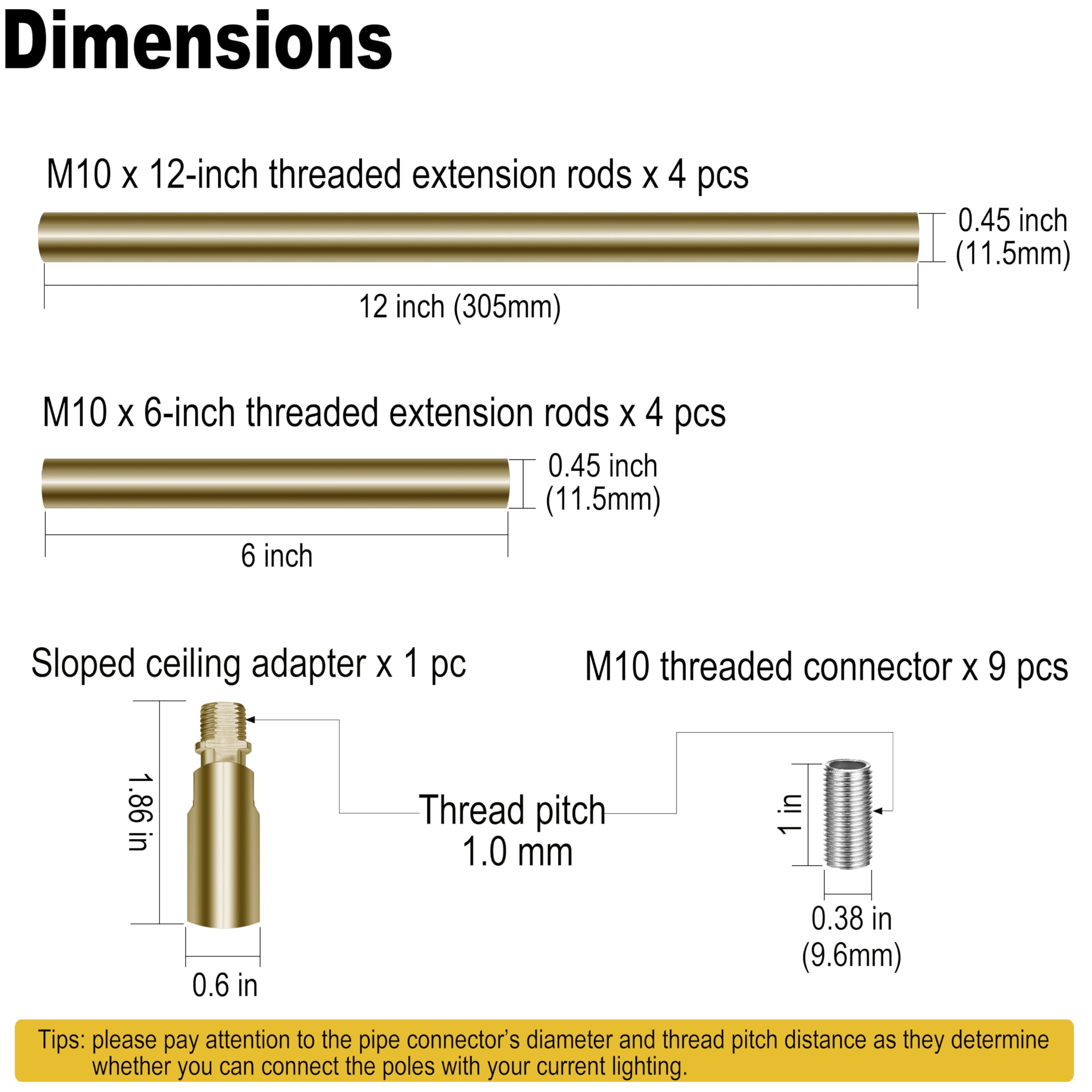 MAYOMAJO 8-Piece M10 Threaded Extension Poles & Sloped Ceiling Adapter Kit, Brass, Model EXD-4+4 for Pendant Lights & Chandeliers