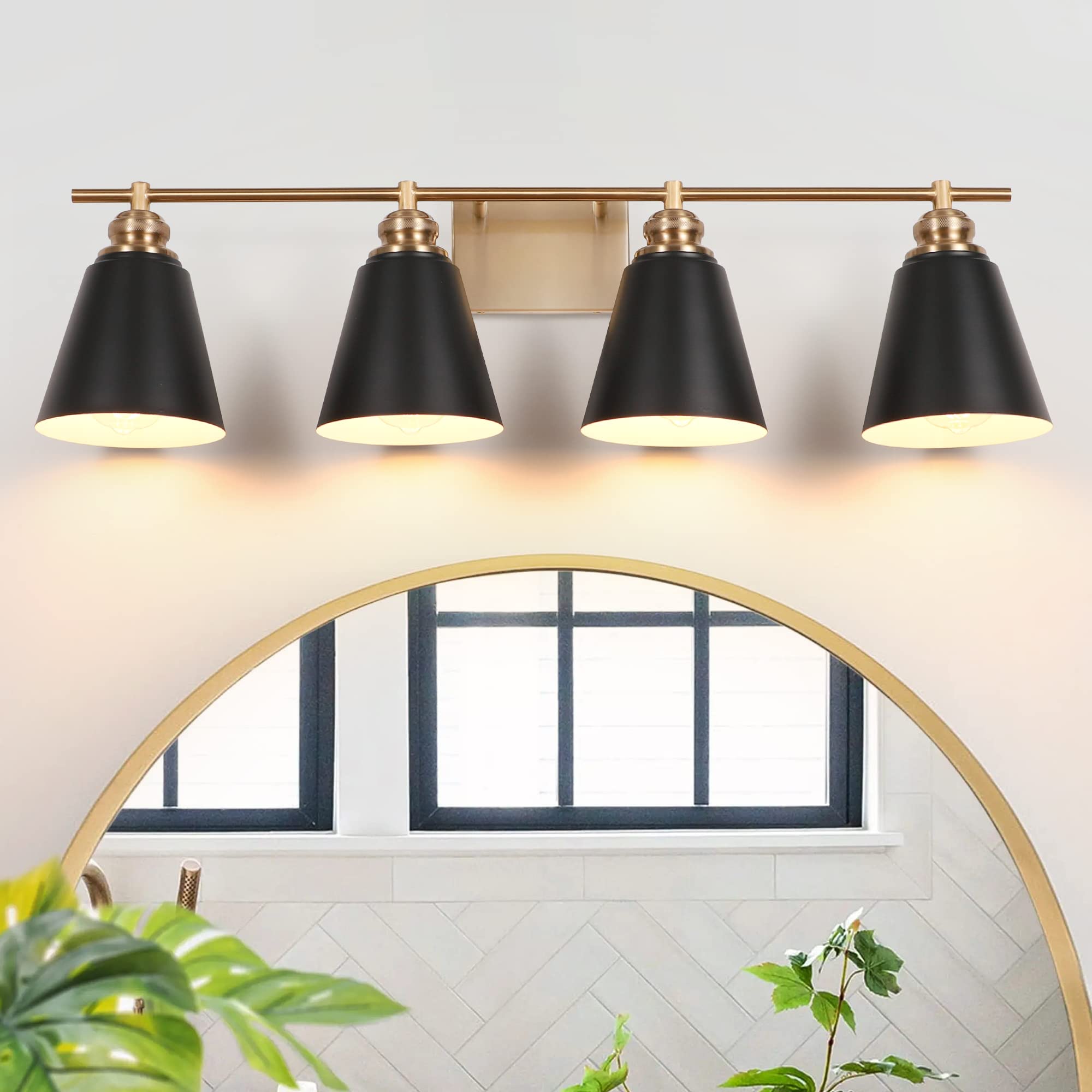 pasentel Black and Gold Vanity Light, 4-Light Farmhouse Bathroom Vanity Light Over Mirror with Metal Shade, 30 Inch Modern Bathr