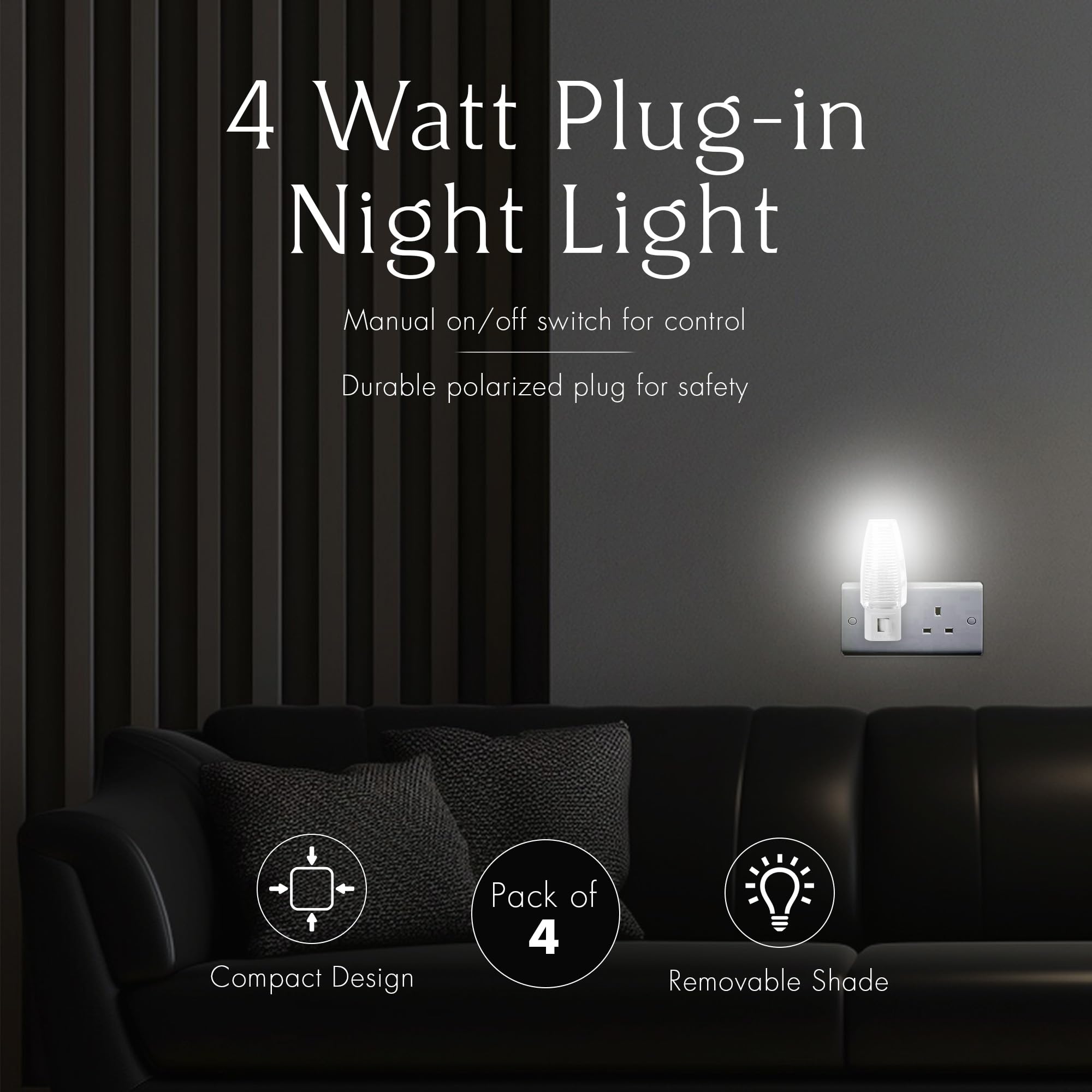 Projectpak Plug In Night Light With Manual On/Off Switch For Hallway, Kid’S Bedroom, Stairways – Includes 4W Bulb | 4 Pack